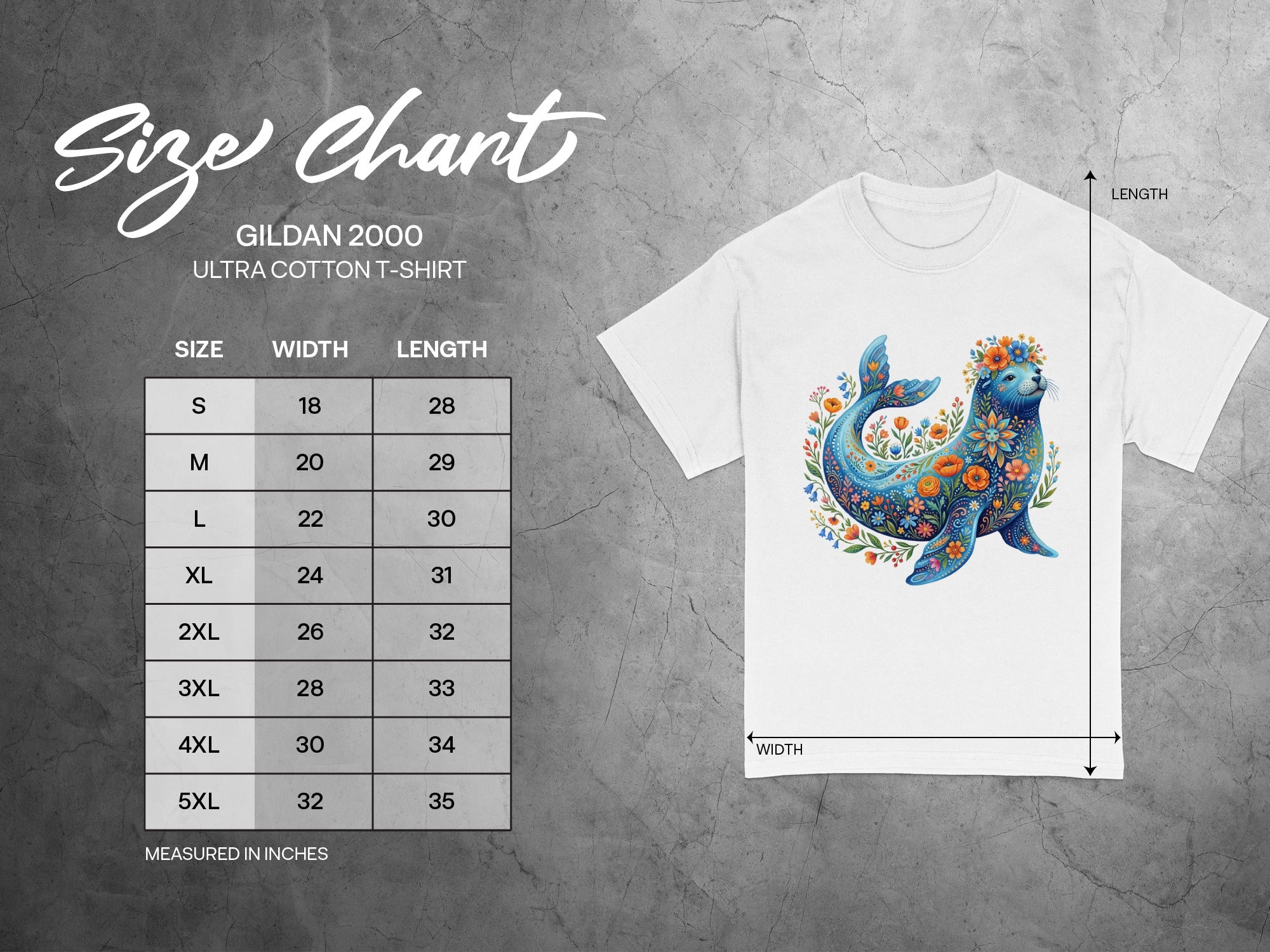 Gildan 2000 t-shirt size chart with whale graphic, measured in inches.