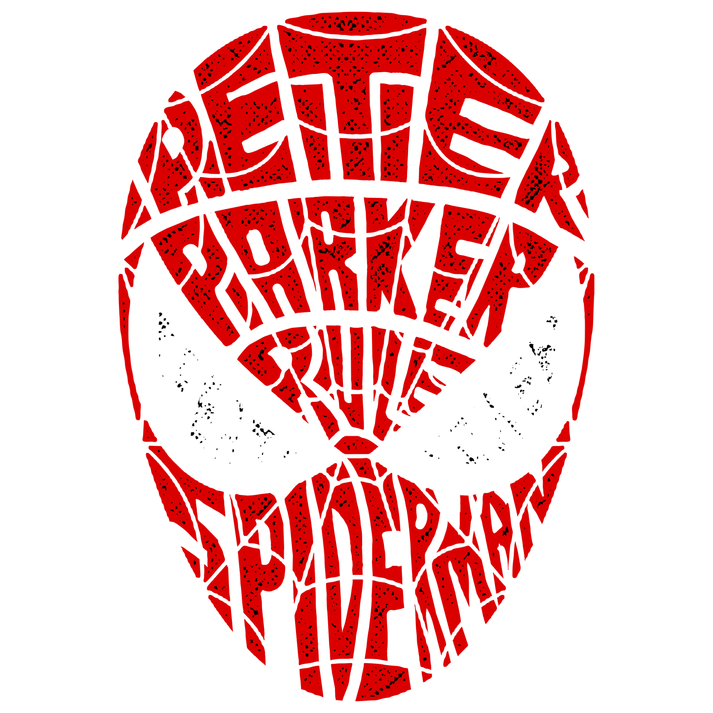 Red Spiderman mask with "Peter Parker" filled with black speckles.