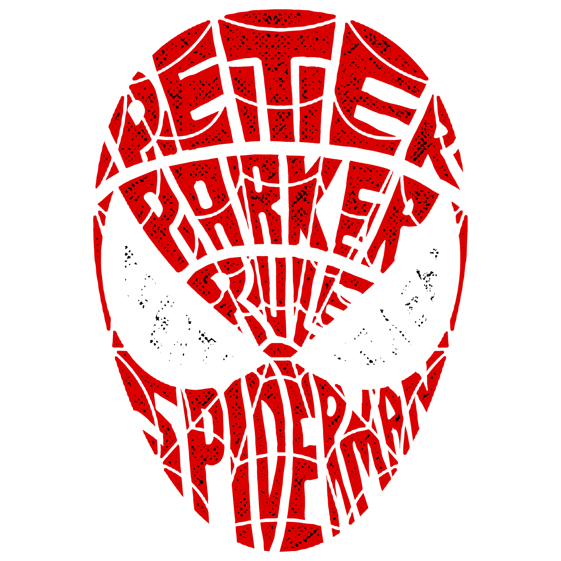 Red Spiderman mask with "Peter Parker" filled with black speckles.