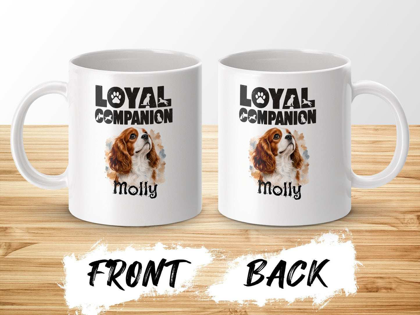 White mugs with "Loyal Companion Molly" text and dog illustration, front and back views.