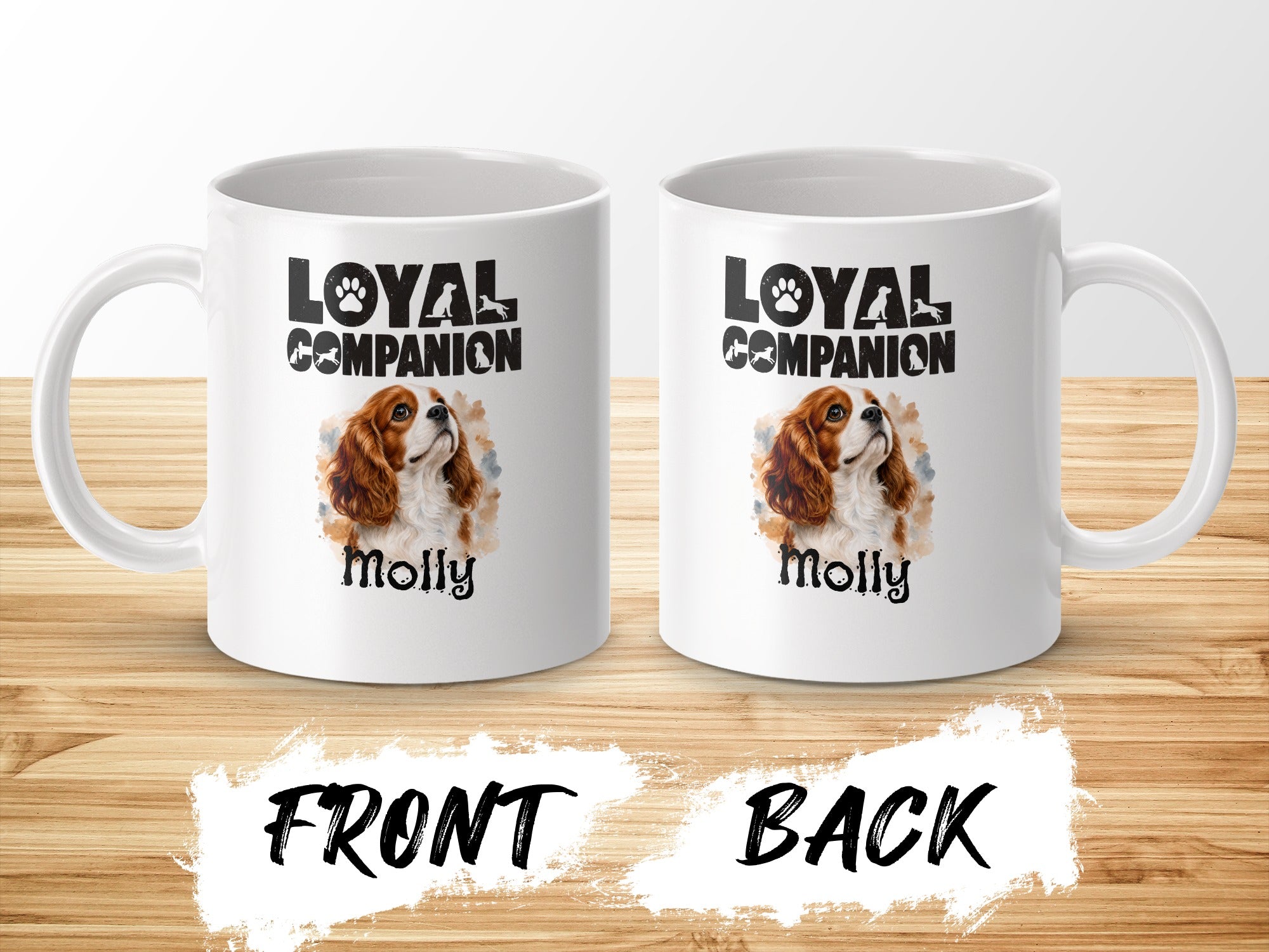 White mugs with "Loyal Companion Molly" text and dog illustration, front and back views.
