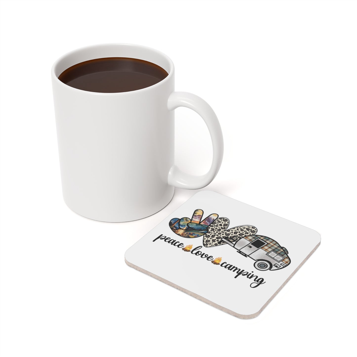Coaster with peace sign, camper, and "peace love camping" text.