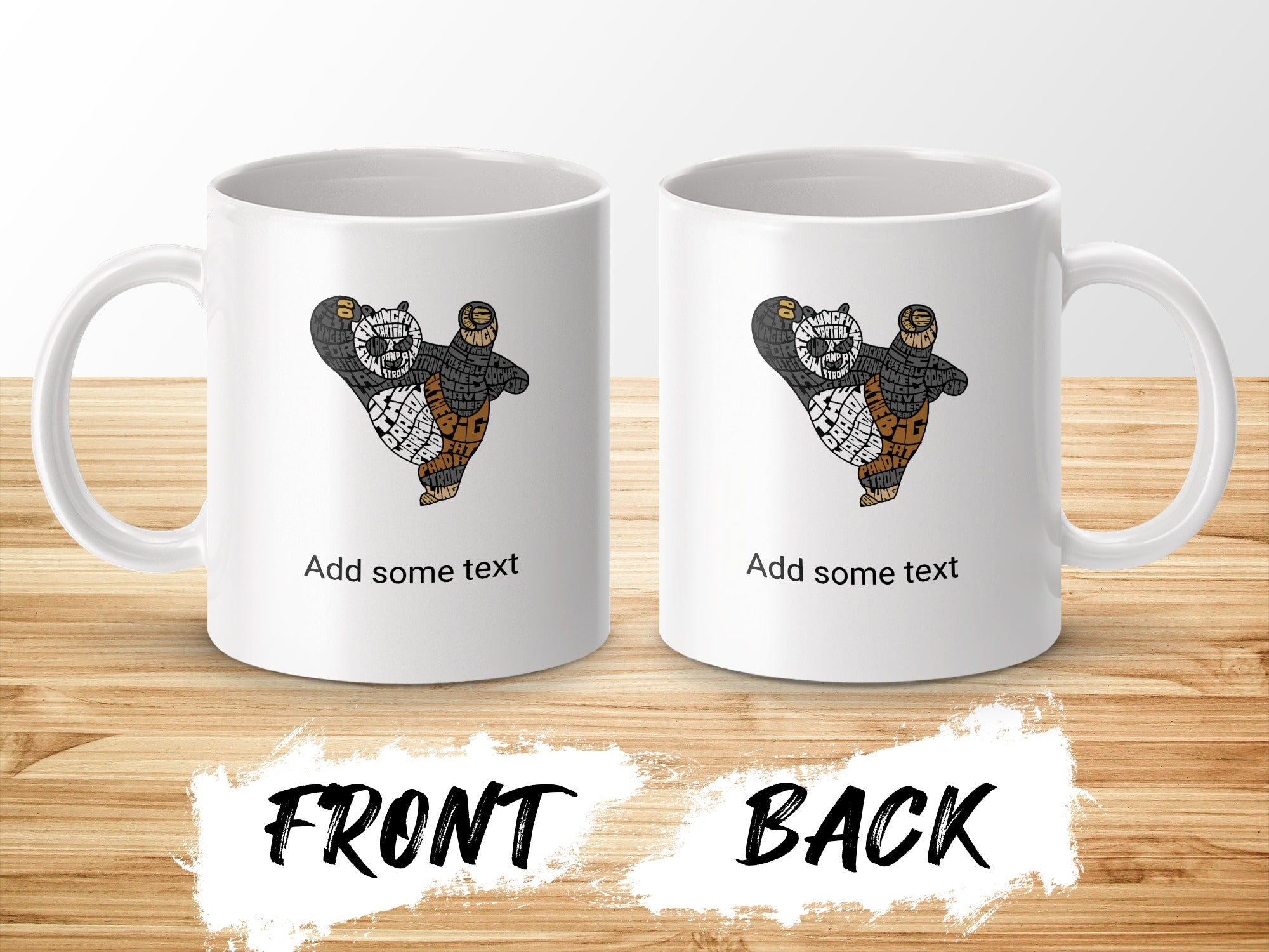 Two white mugs displaying a kung fu panda design and "Add some text."