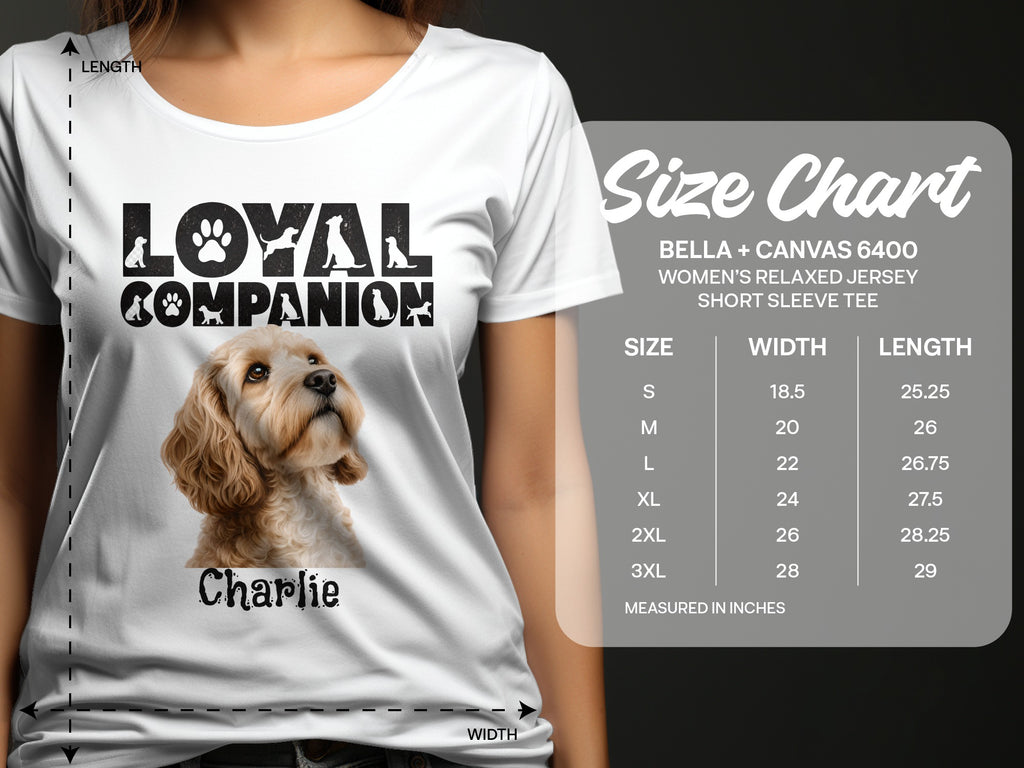 White Bella + Canvas t-shirt with "Loyal Companion" graphic and dog portrait.
