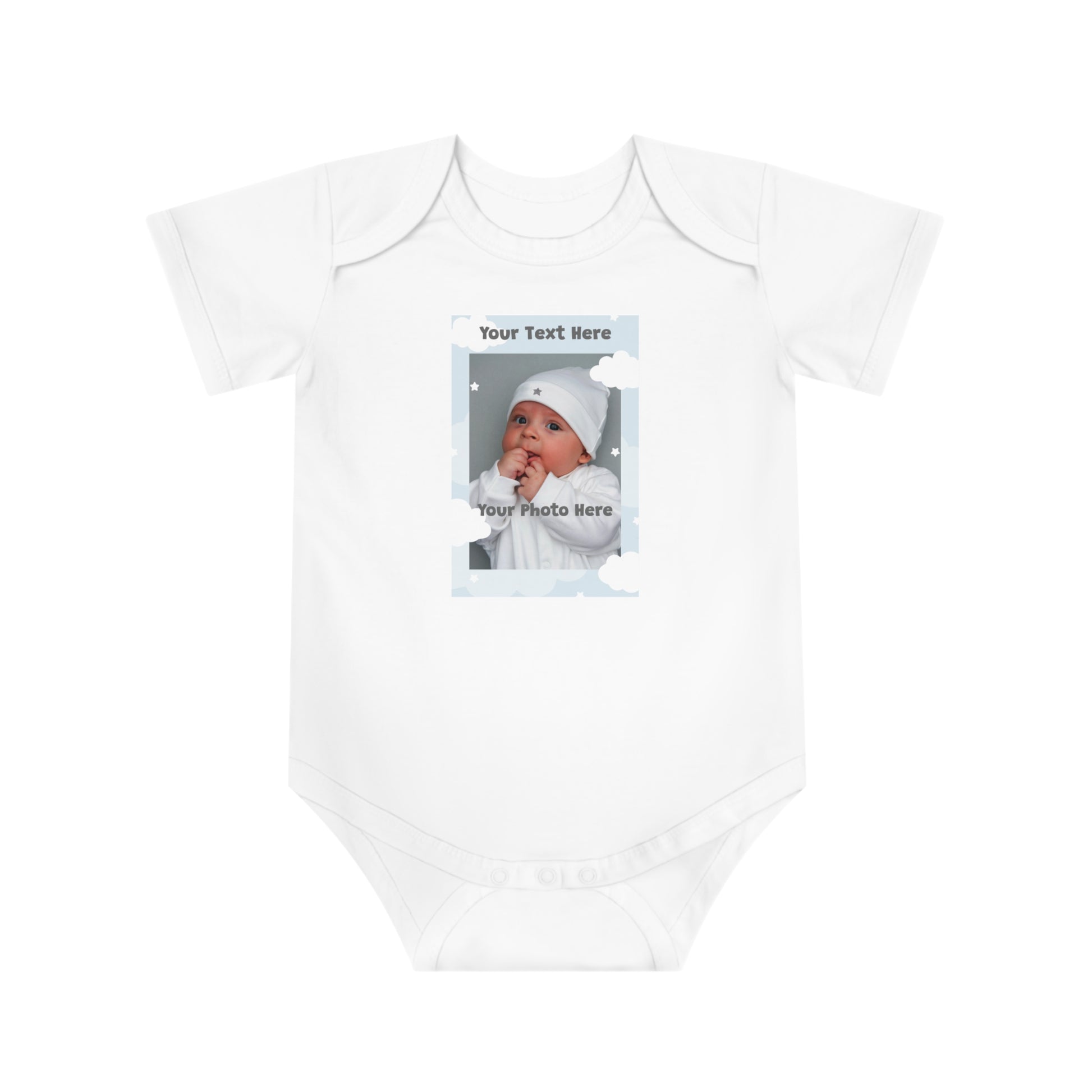 White baby onesie with a customizable photo frame featuring a baby and celestial accents.