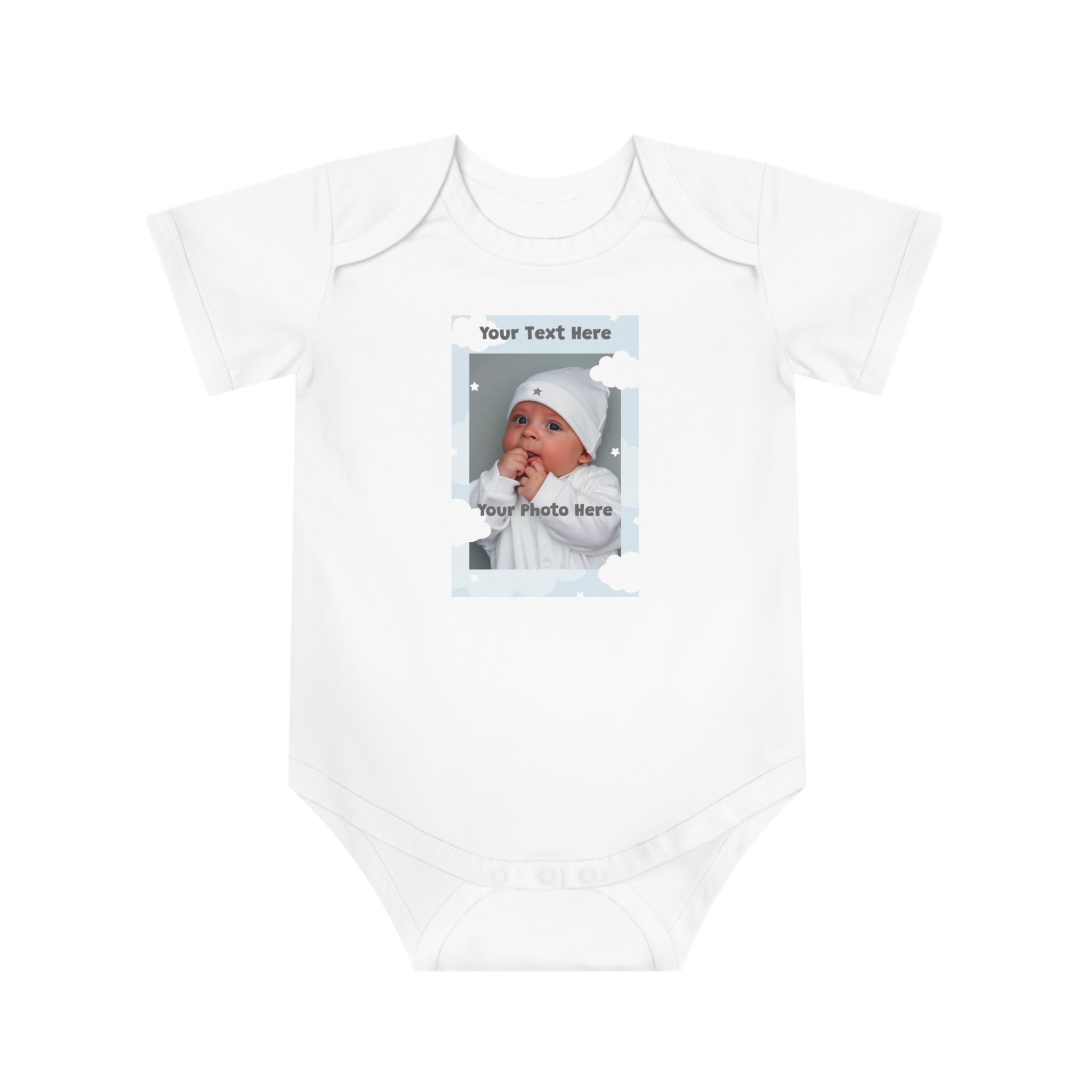 White baby onesie with a customizable photo frame featuring a baby and celestial accents.
