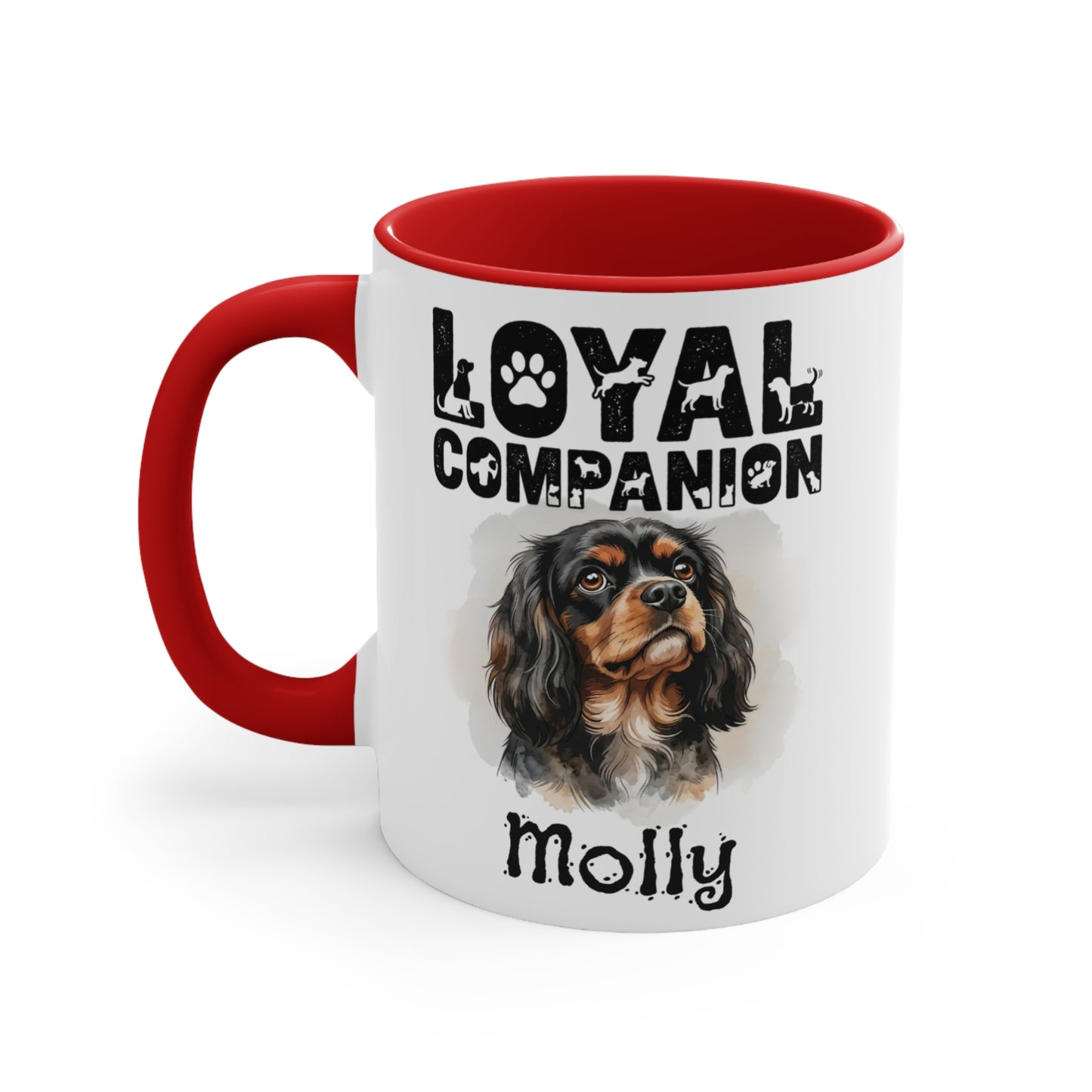 Mug with dog portrait, text "LOYAL COMPANION MOLLY" and paw prints.