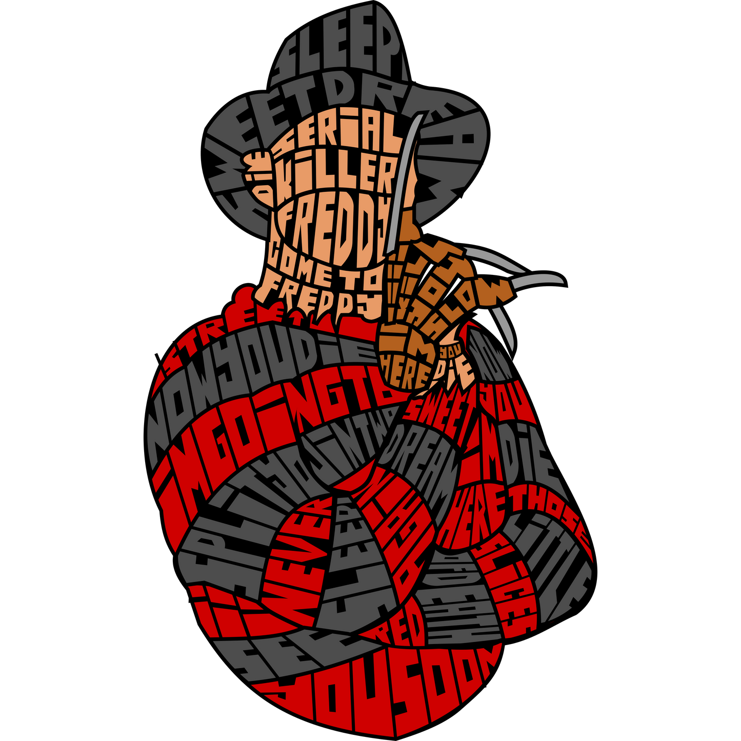 Freddy Krueger image made of text that reads "sleep," "serial killer," and "come to Freddy."