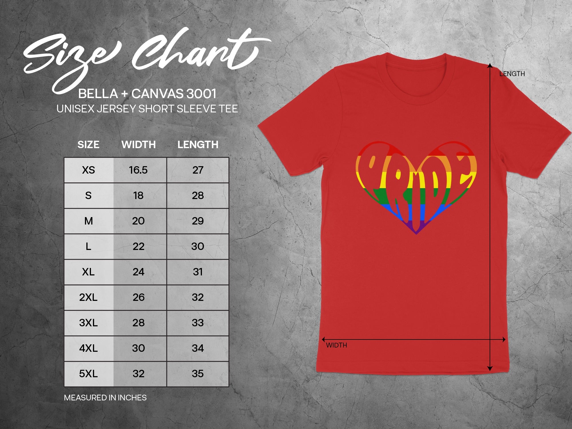 Red short sleeve tee with rainbow heart graphic and size chart.