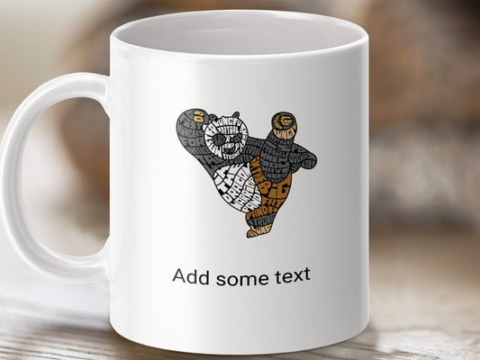 White mug with a panda silhouette filled with Chinese characters and text, "Add some text".
