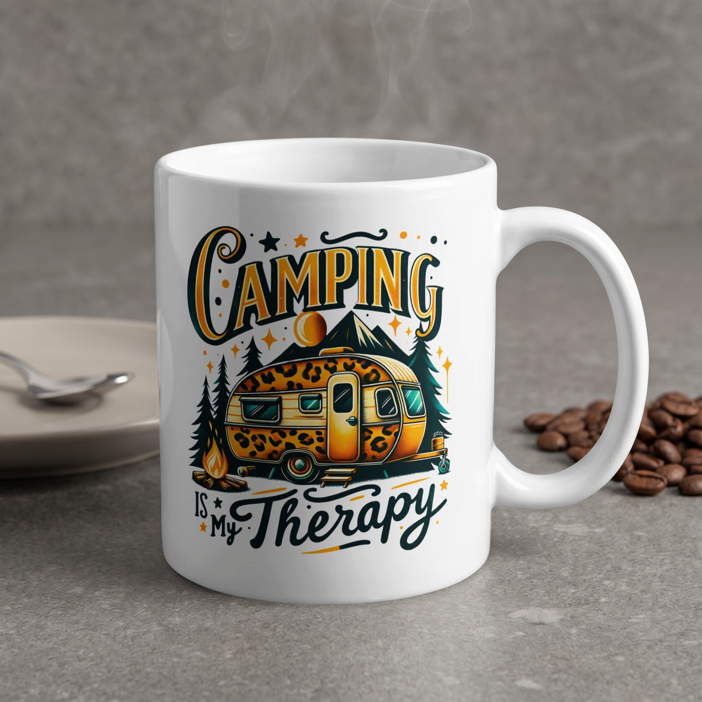 White ceramic mug with "CAMPING IS MY Therapy" text and camping graphic.