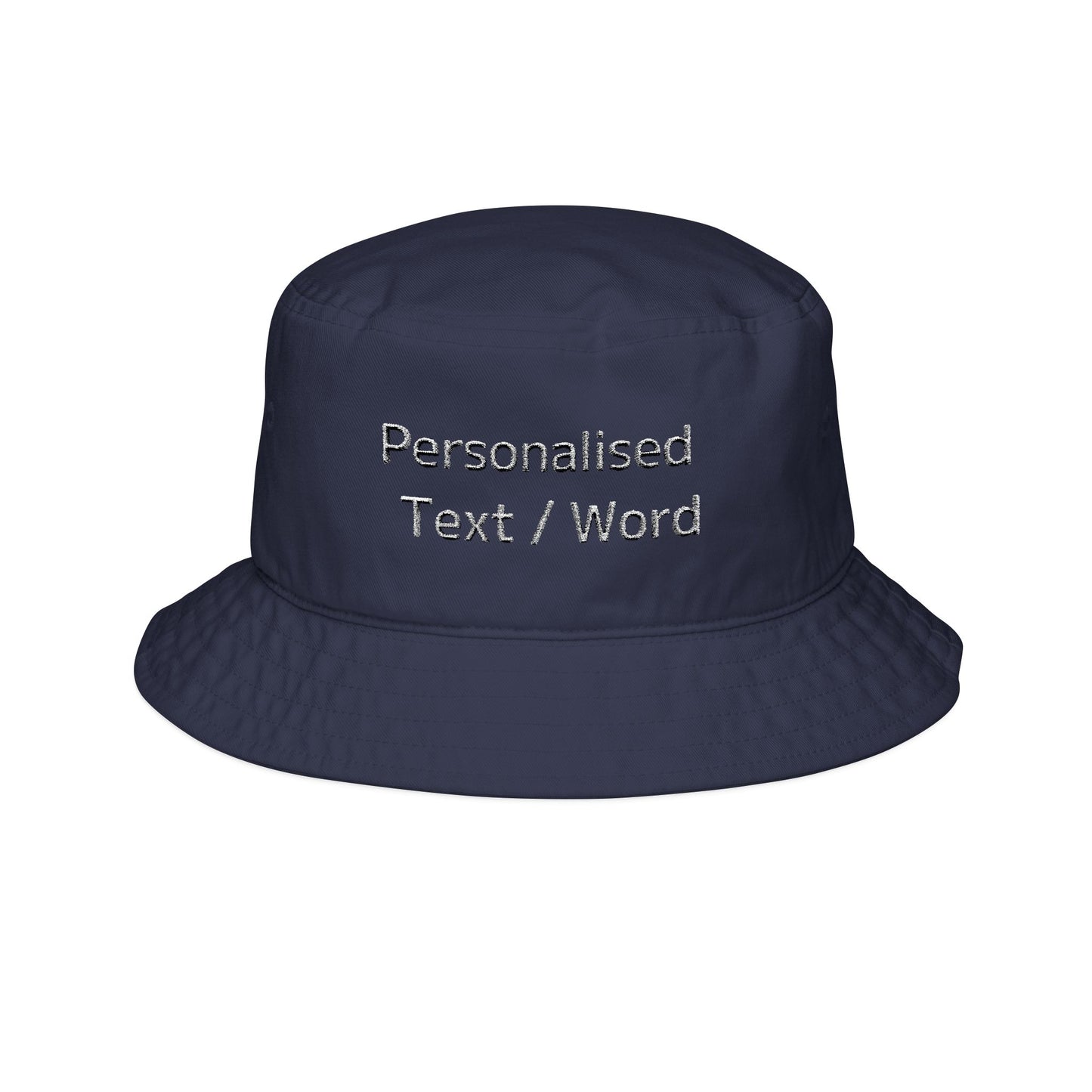 Navy bucket hat with embroidered text "Personalised Text / Word".