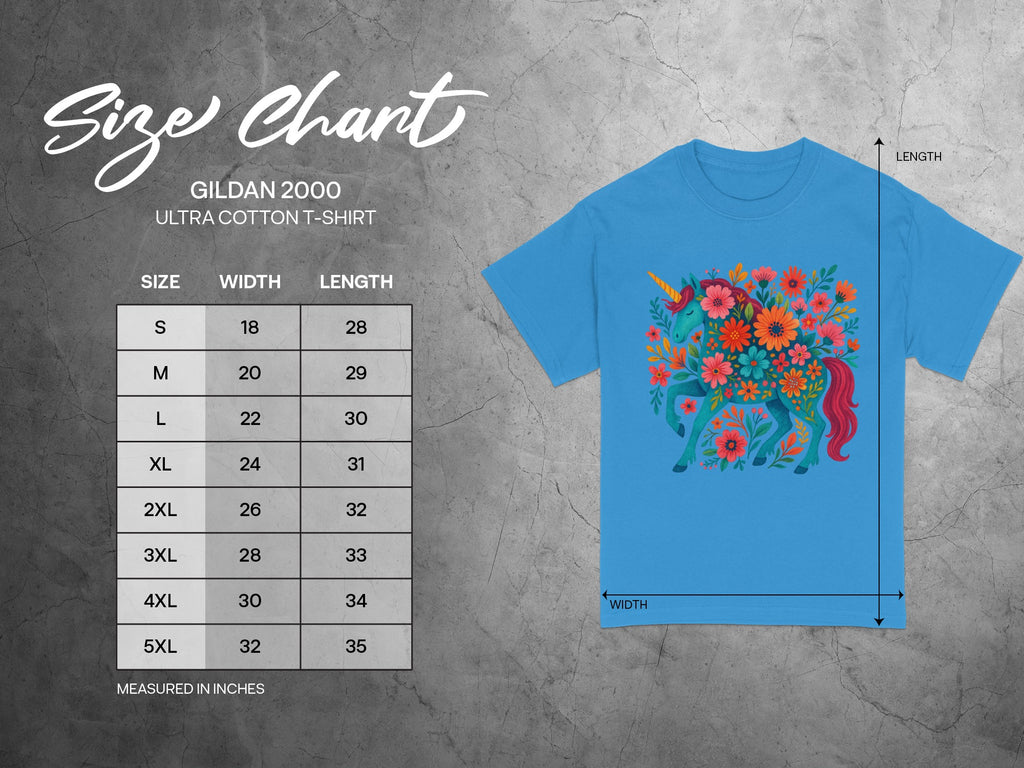 Gildan 2000 Ultra Cotton t-shirt size chart with unicorn graphic.
