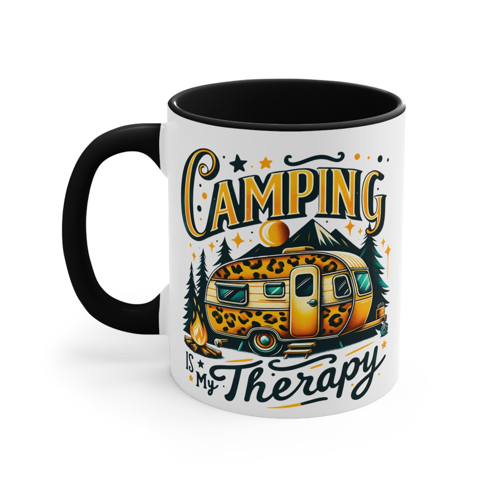 Mug with leopard print camper graphic and text "Camping is my Therapy".