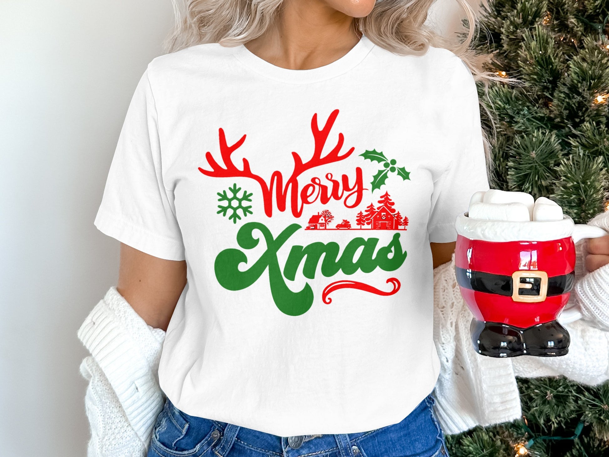 Festive Merry Xmas Holiday Shirt with Reindeer Antlers