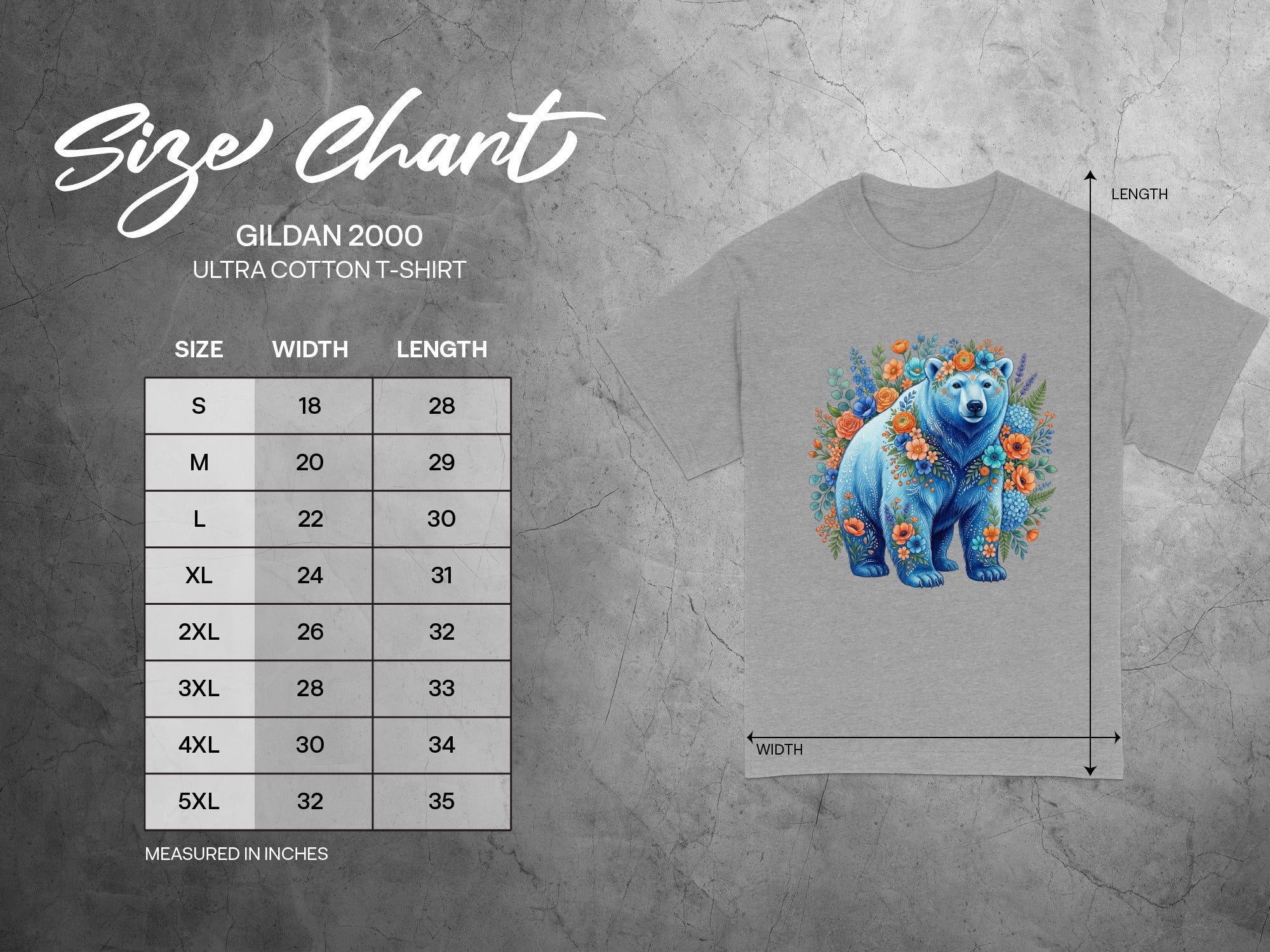 Gildan 2000 Ultra Cotton T-Shirt size chart with measurements for sizes S-5XL.
