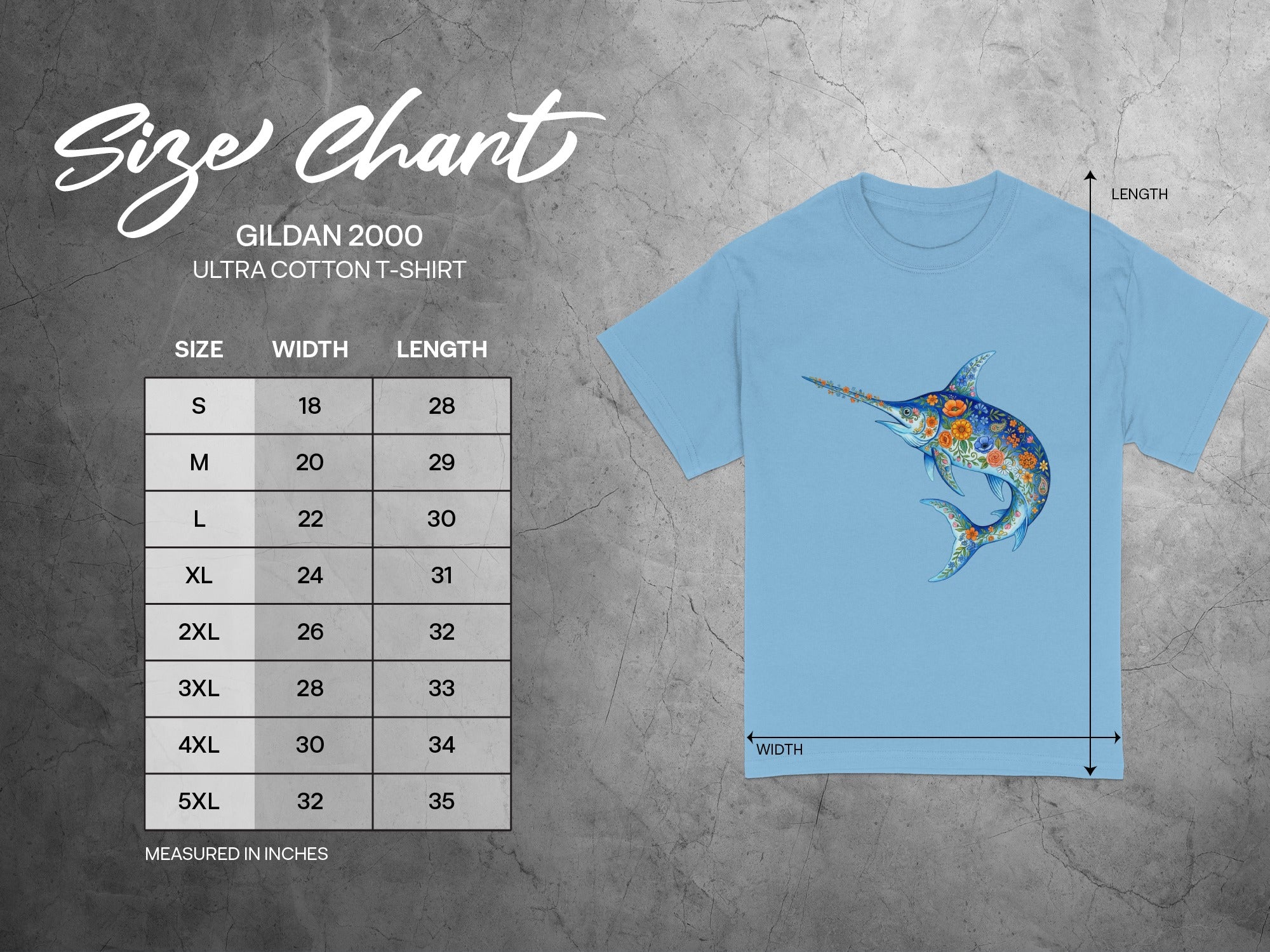 Gildan 2000 Ultra Cotton t-shirt size chart with measurements in inches.