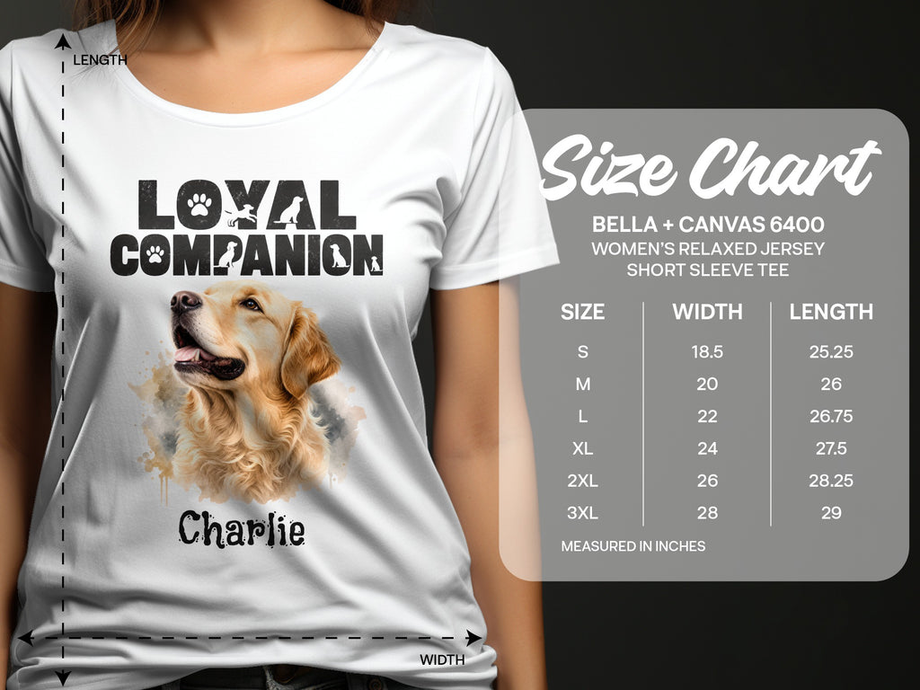 White t-shirt with "Loyal Companion" text and golden retriever graphic, with size chart.