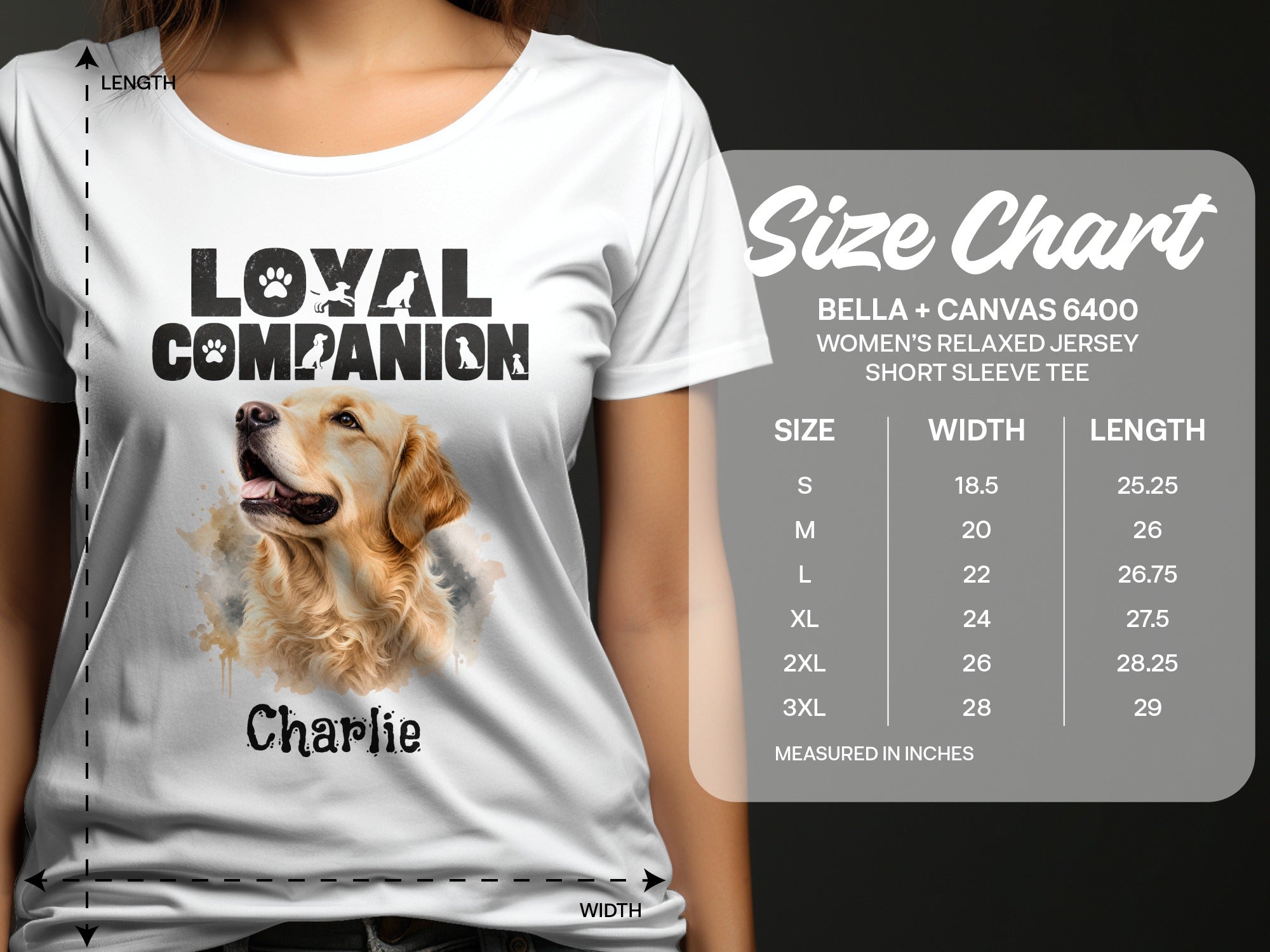 White t-shirt with "Loyal Companion" text and golden retriever graphic, with size chart.