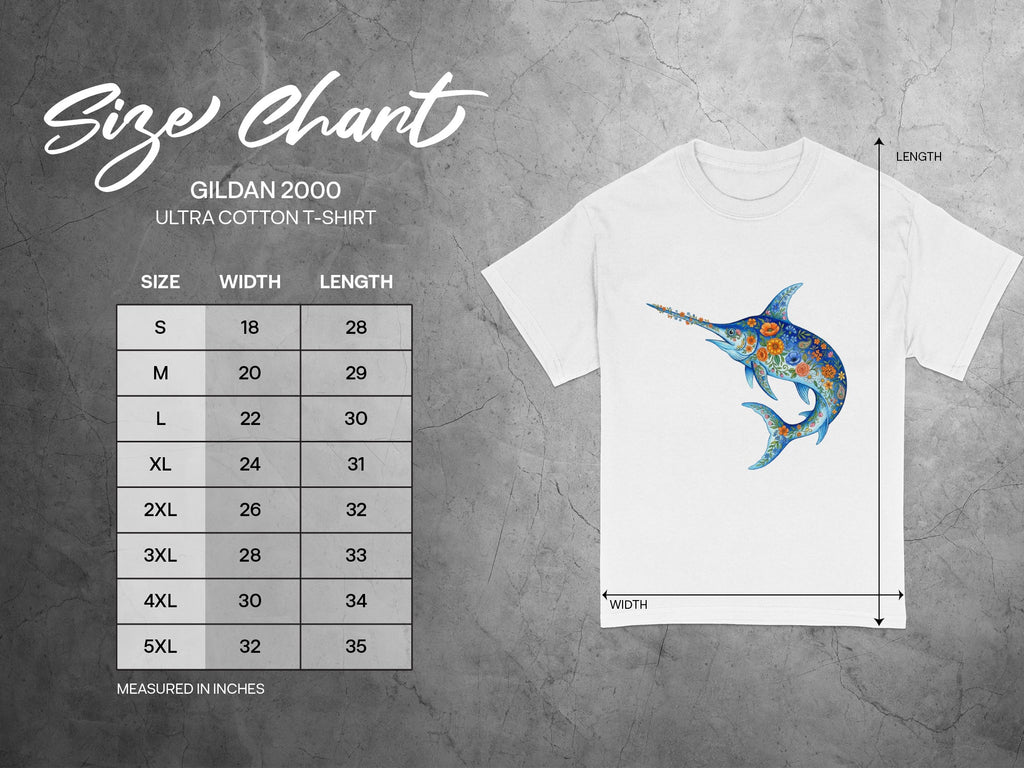 Gildan 2000 Ultra Cotton t-shirt size chart with measurements in inches.