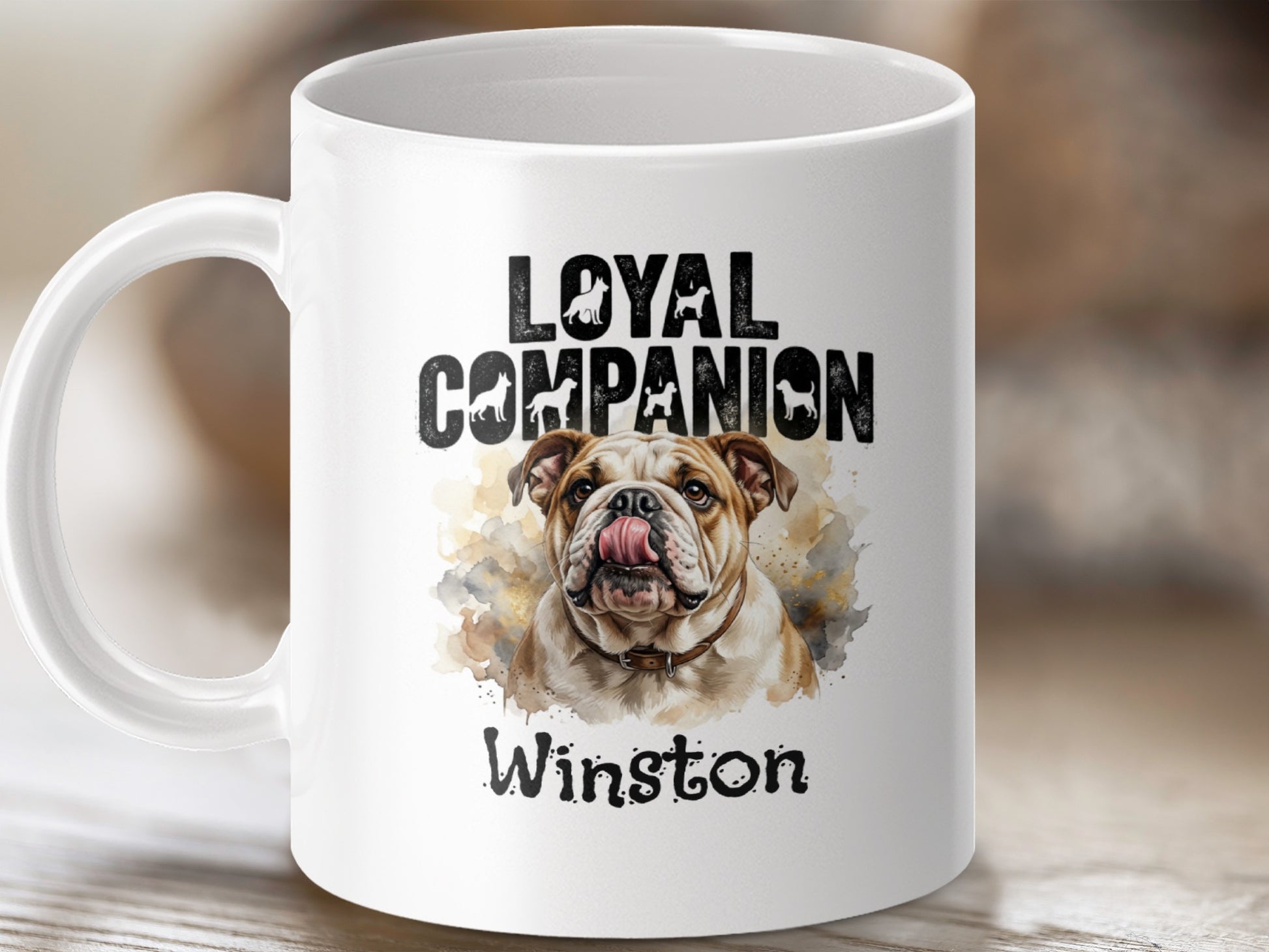 White mug with bulldog art, "Loyal Companion", and "Winston" text.