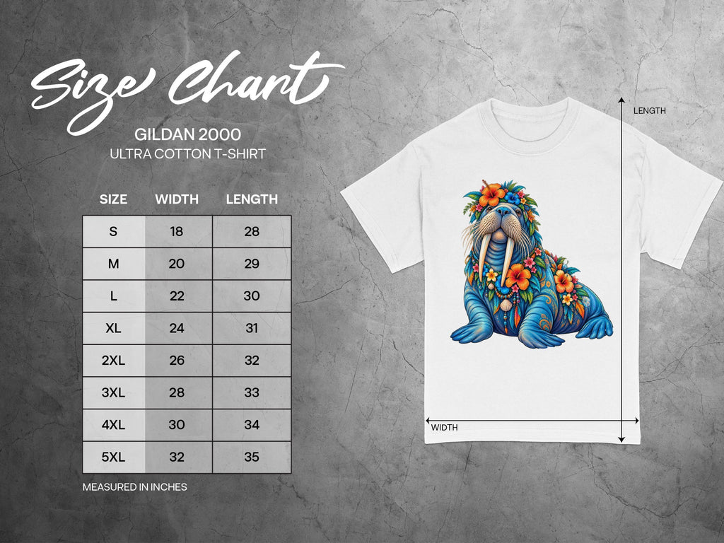 Gildan 2000 t-shirt size chart for S through 5XL, with width and length measurements.