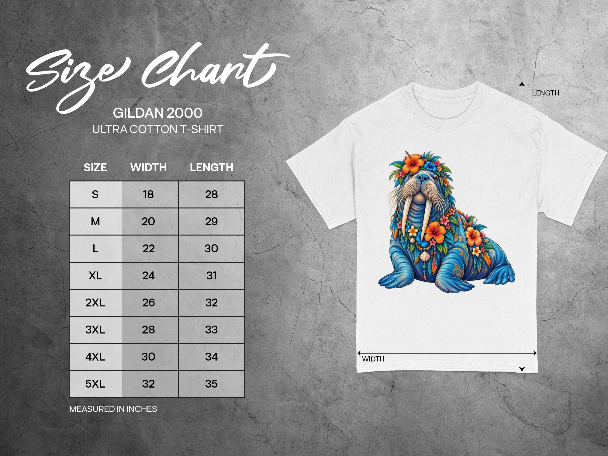 Gildan 2000 t-shirt size chart for S through 5XL, with width and length measurements.