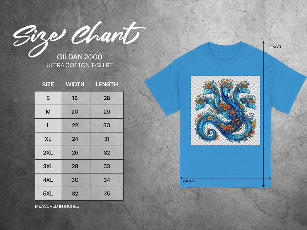Gildan 2000 t-shirt size chart with width and length measurements in inches.