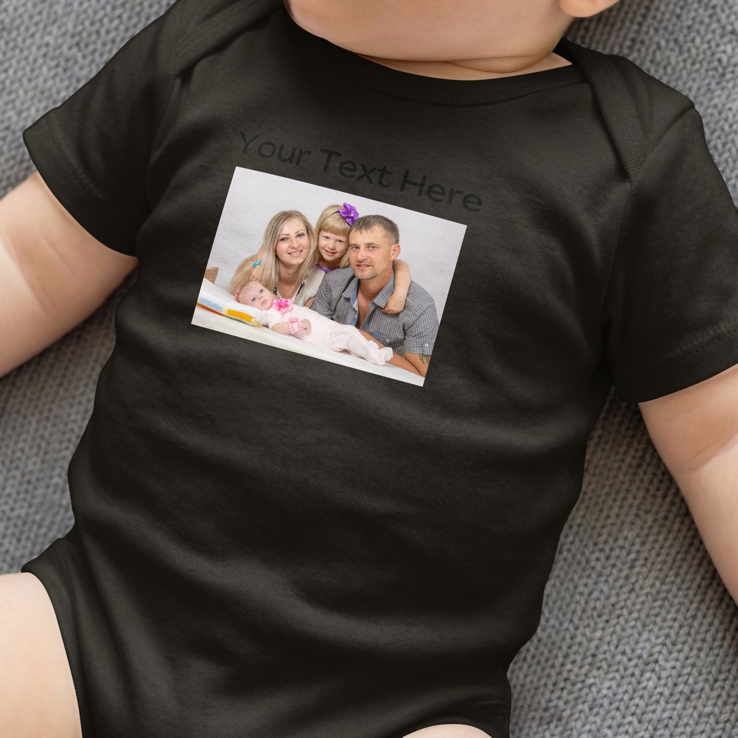 Black baby onesie with imprinted family photo.