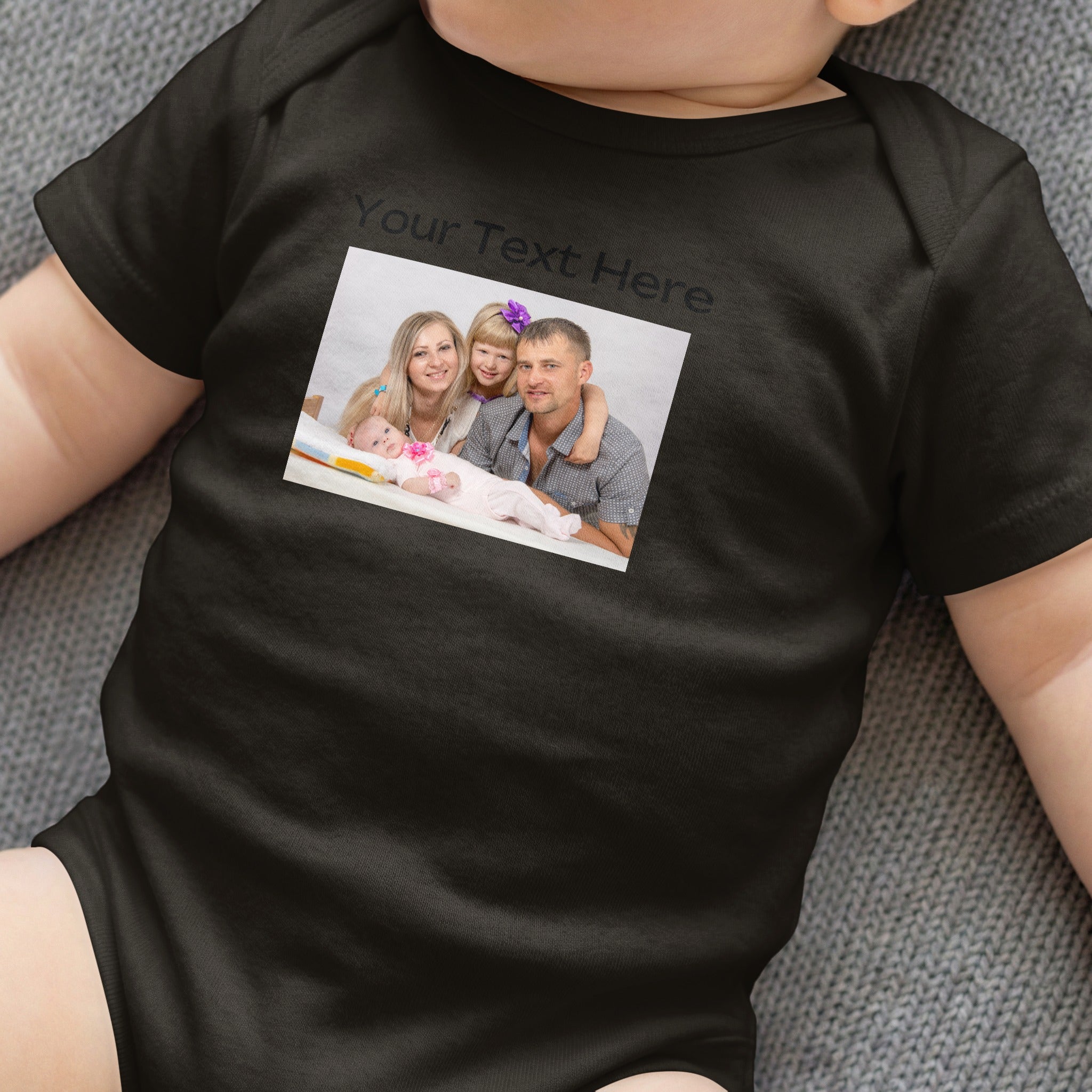 Black baby onesie with imprinted family photo.