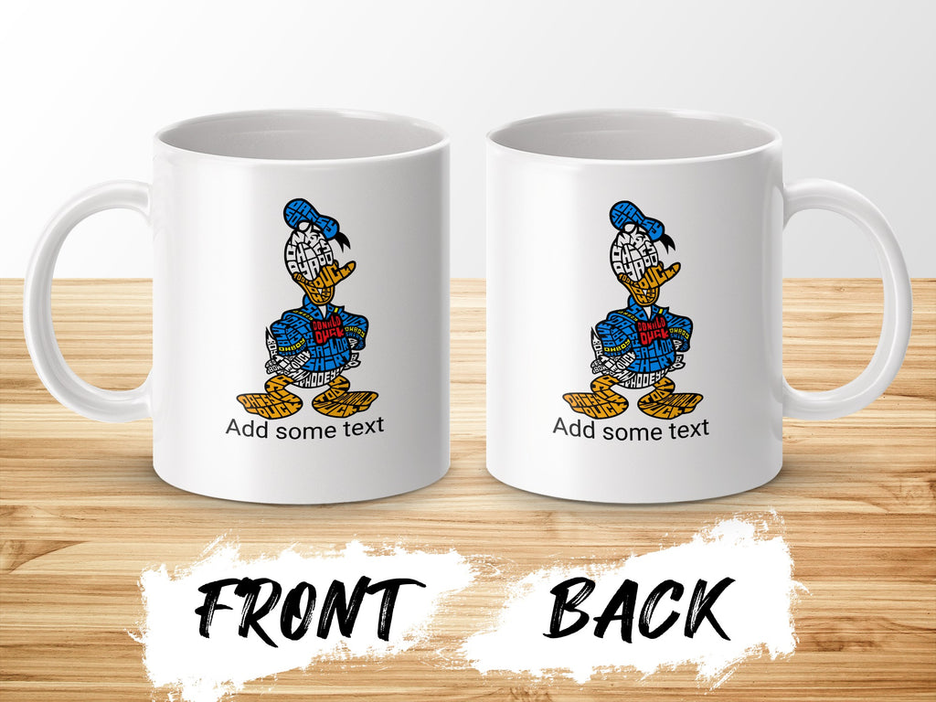 White mug with Donald Duck design and "Add some text" placeholder.