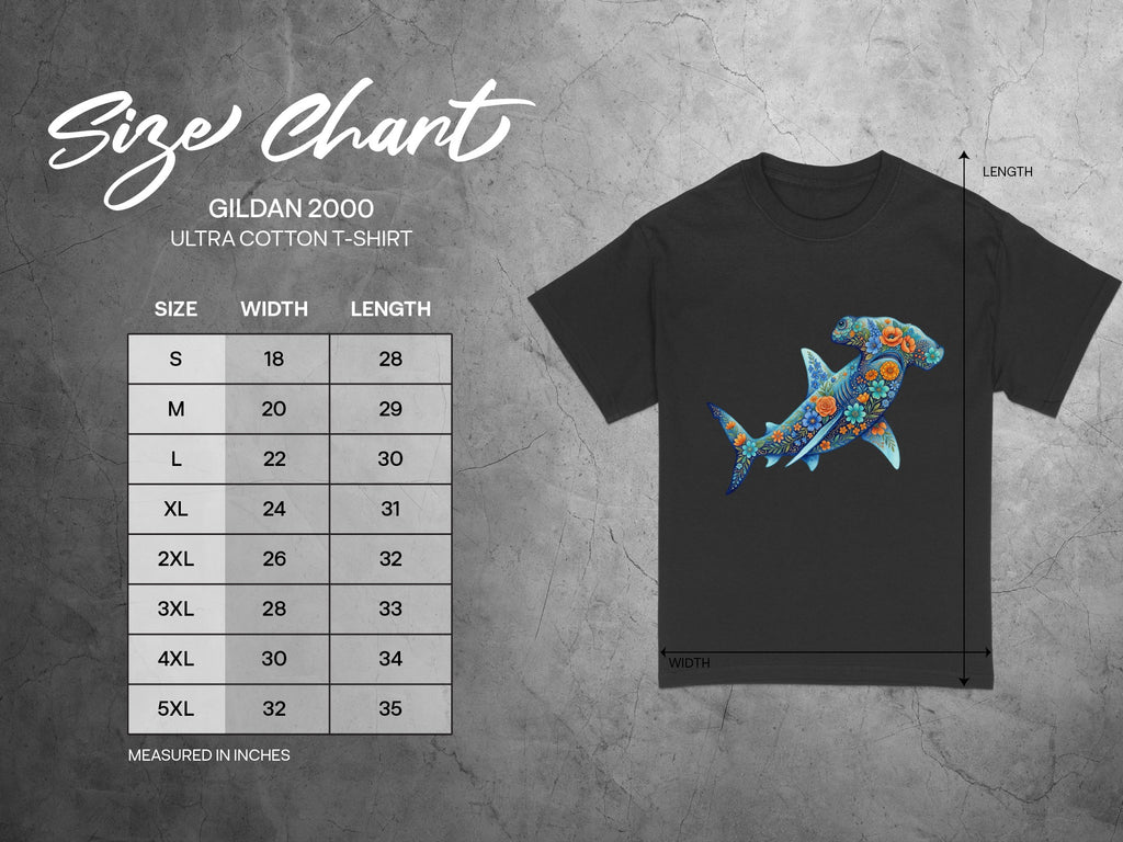Gildan 2000 Ultra Cotton t-shirt size chart with floral hammerhead shark graphic.