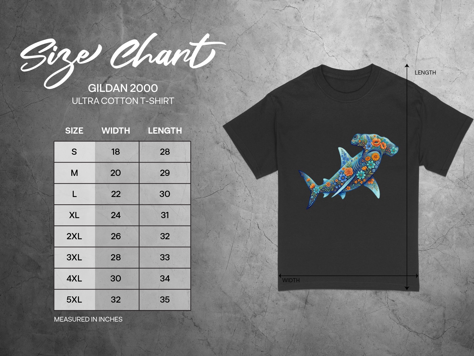 Gildan 2000 Ultra Cotton t-shirt size chart with floral hammerhead shark graphic.
