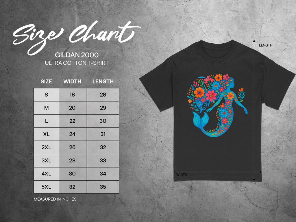 Gildan 2000 t-shirt size chart with width and length measurements in inches.