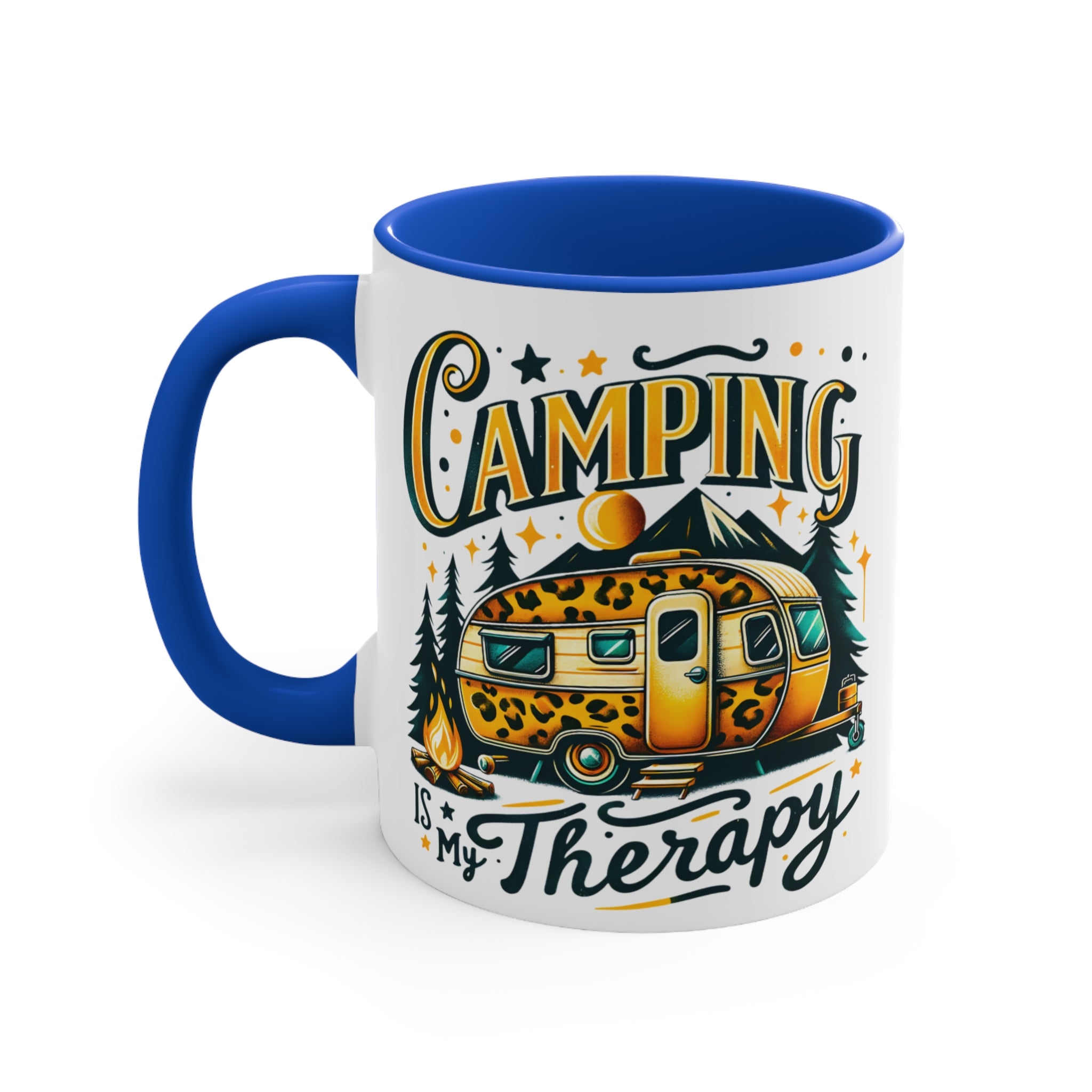 White mug with blue handle features text "Camping Is My Therapy" and a leopard print camper.