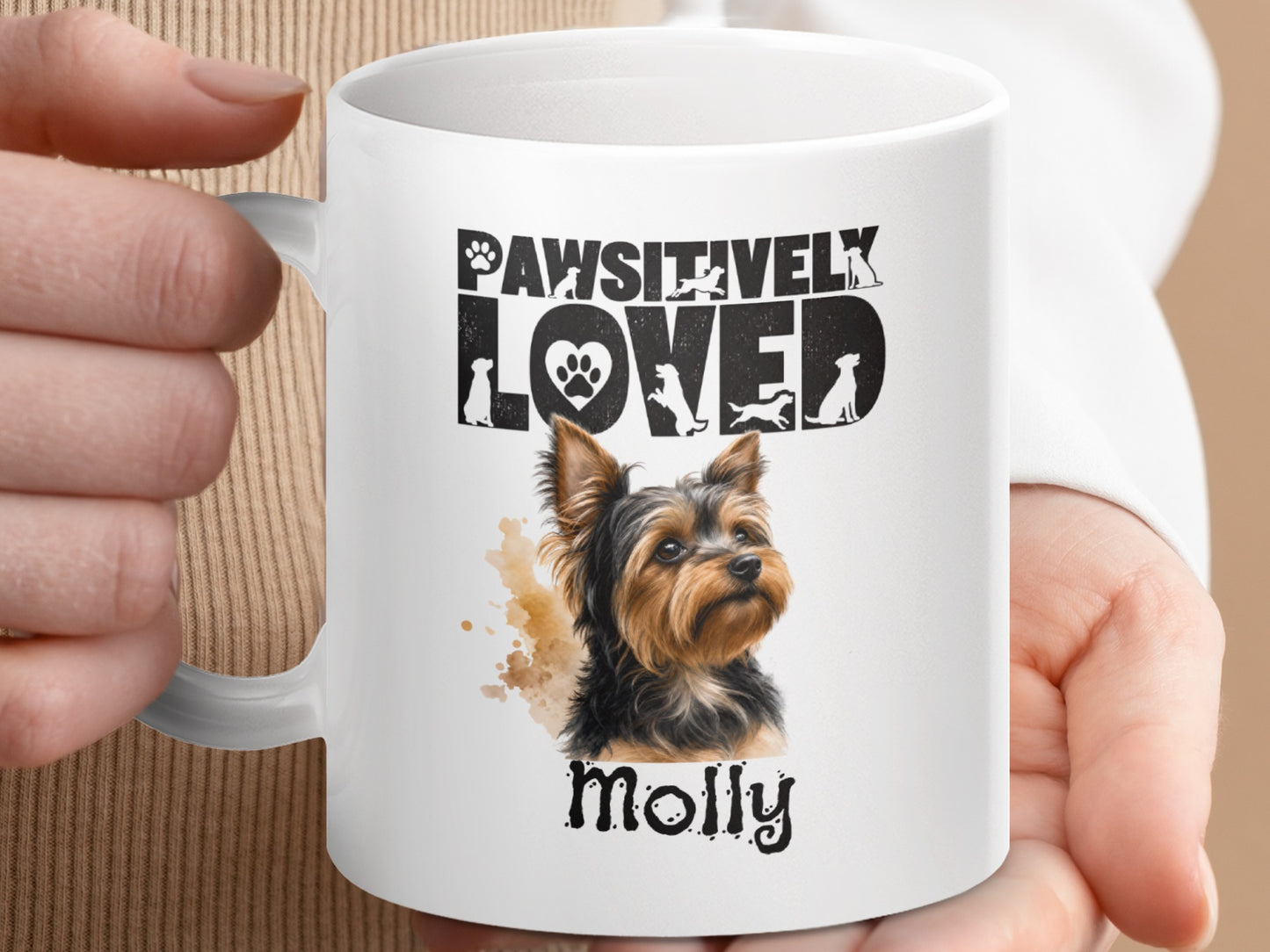White mug with Yorkshire terrier art, "Pawsitively Loved" text, and "Molly" name.