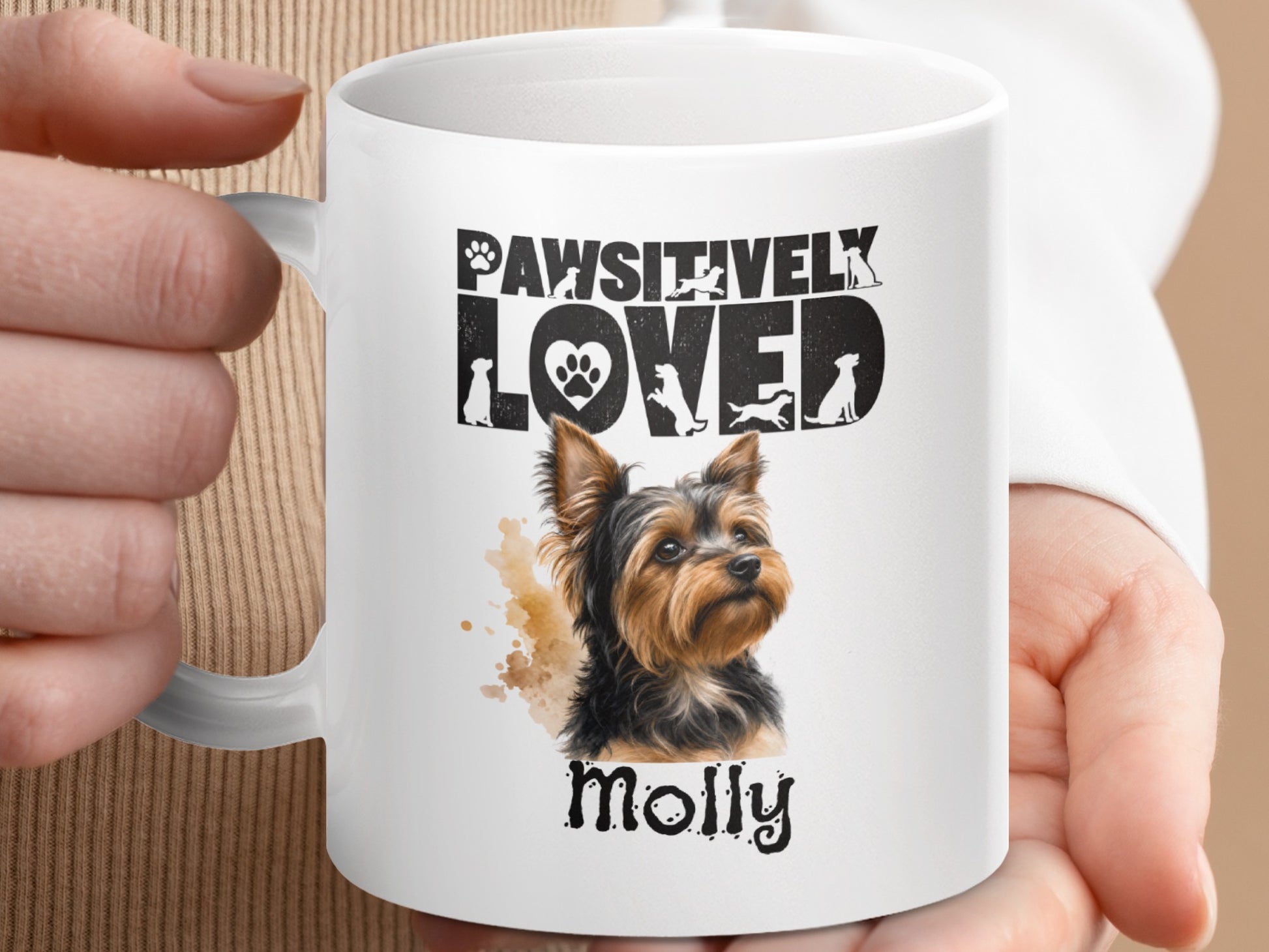 White mug with Yorkshire terrier art, "Pawsitively Loved" text, and "Molly" name.