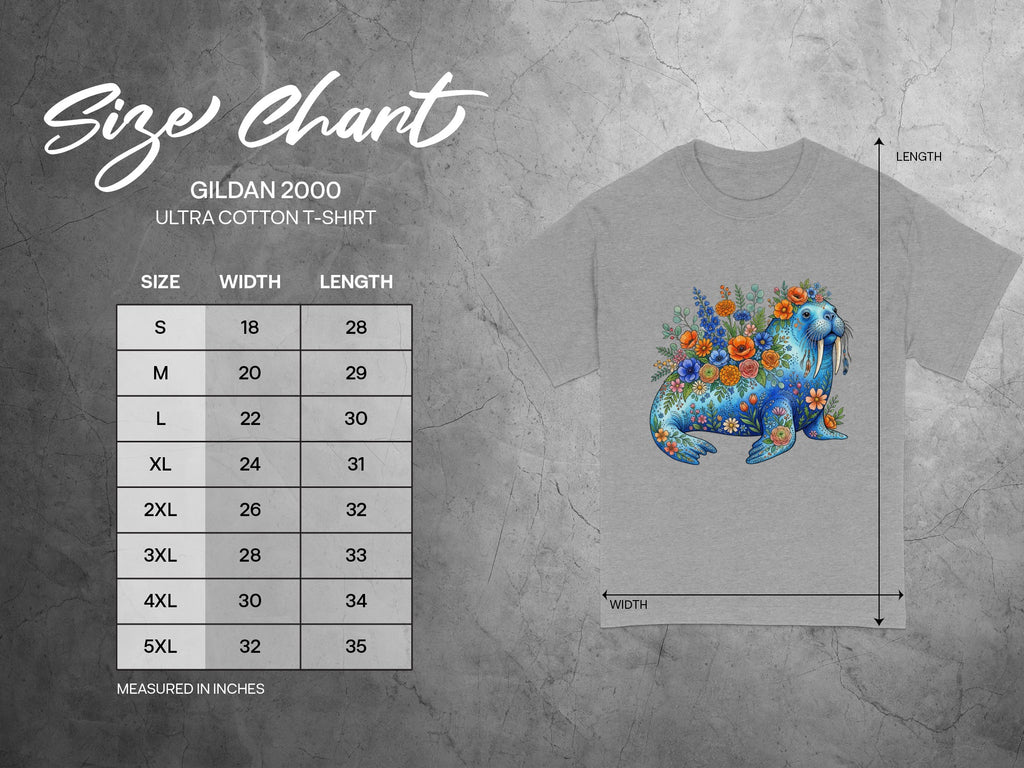 Gildan 2000 t-shirt size chart with walrus graphic, measured in inches.