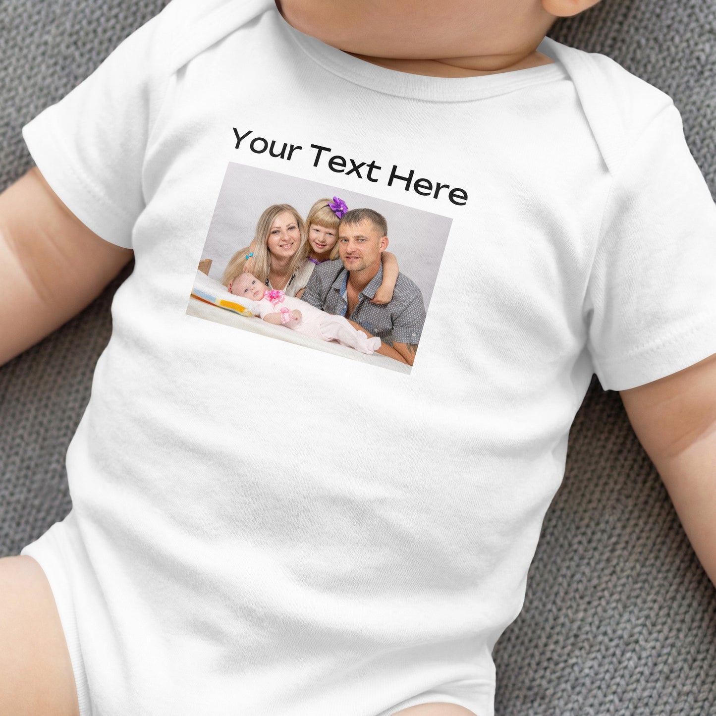 White bodysuit with custom printing of a family photo and "Your Text Here".
