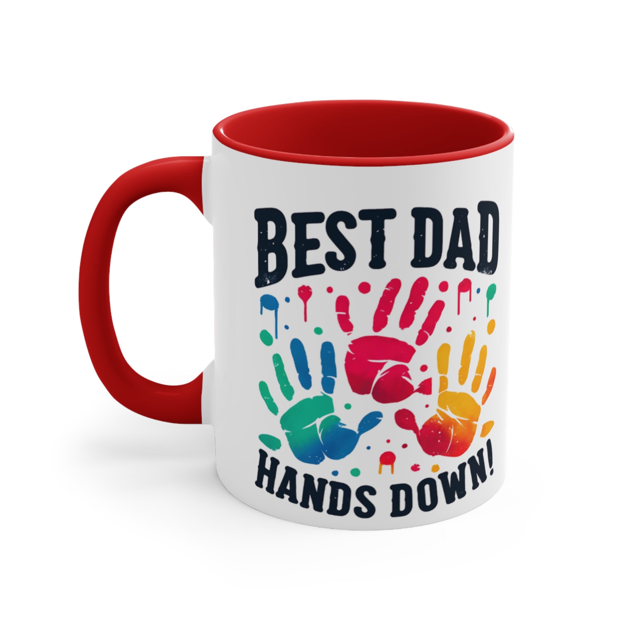 Mug with colorful handprints and text "BEST DAD HANDS DOWN!"