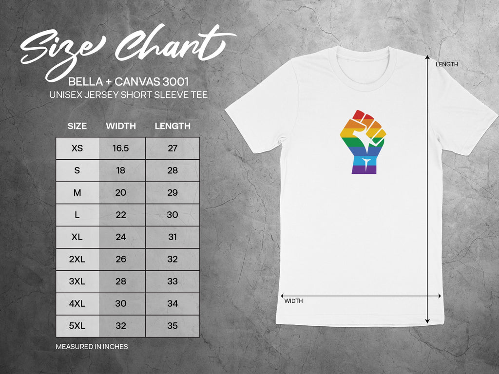 Size chart for BELLA + CANVAS 3001 unisex short sleeve tee.