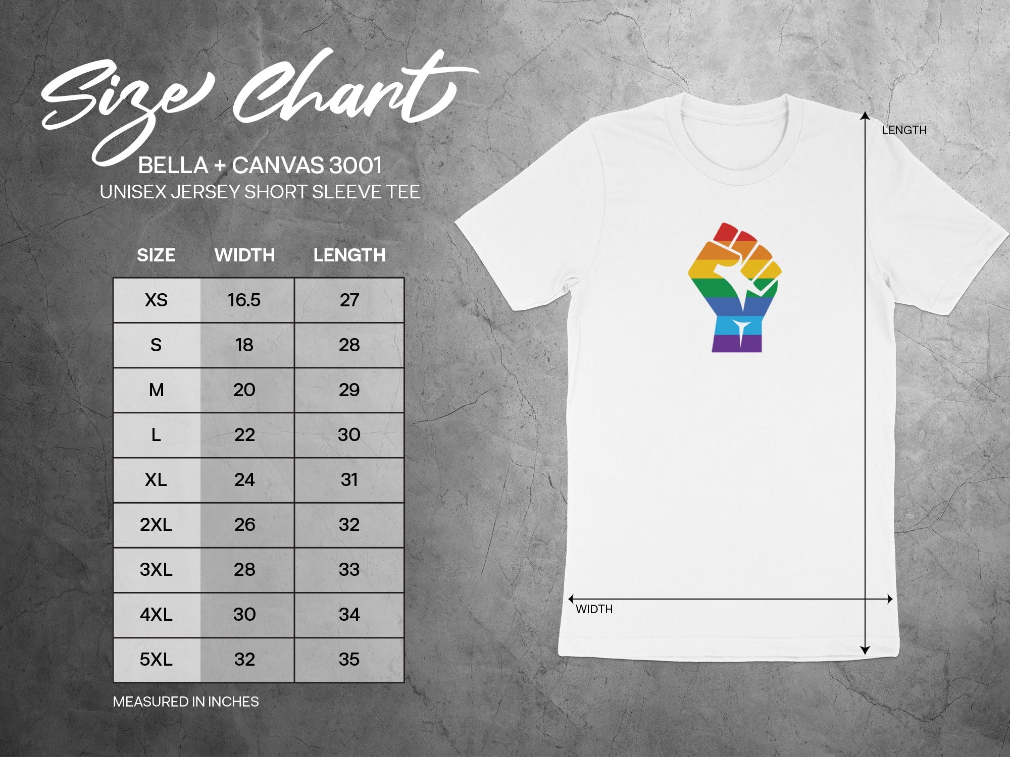 Size chart for BELLA + CANVAS 3001 unisex short sleeve tee.
