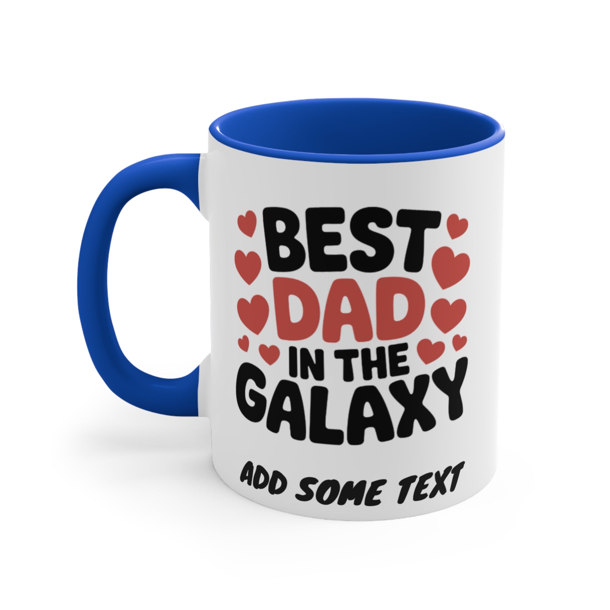 Mug with "BEST DAD IN THE GALAXY" and red hearts.