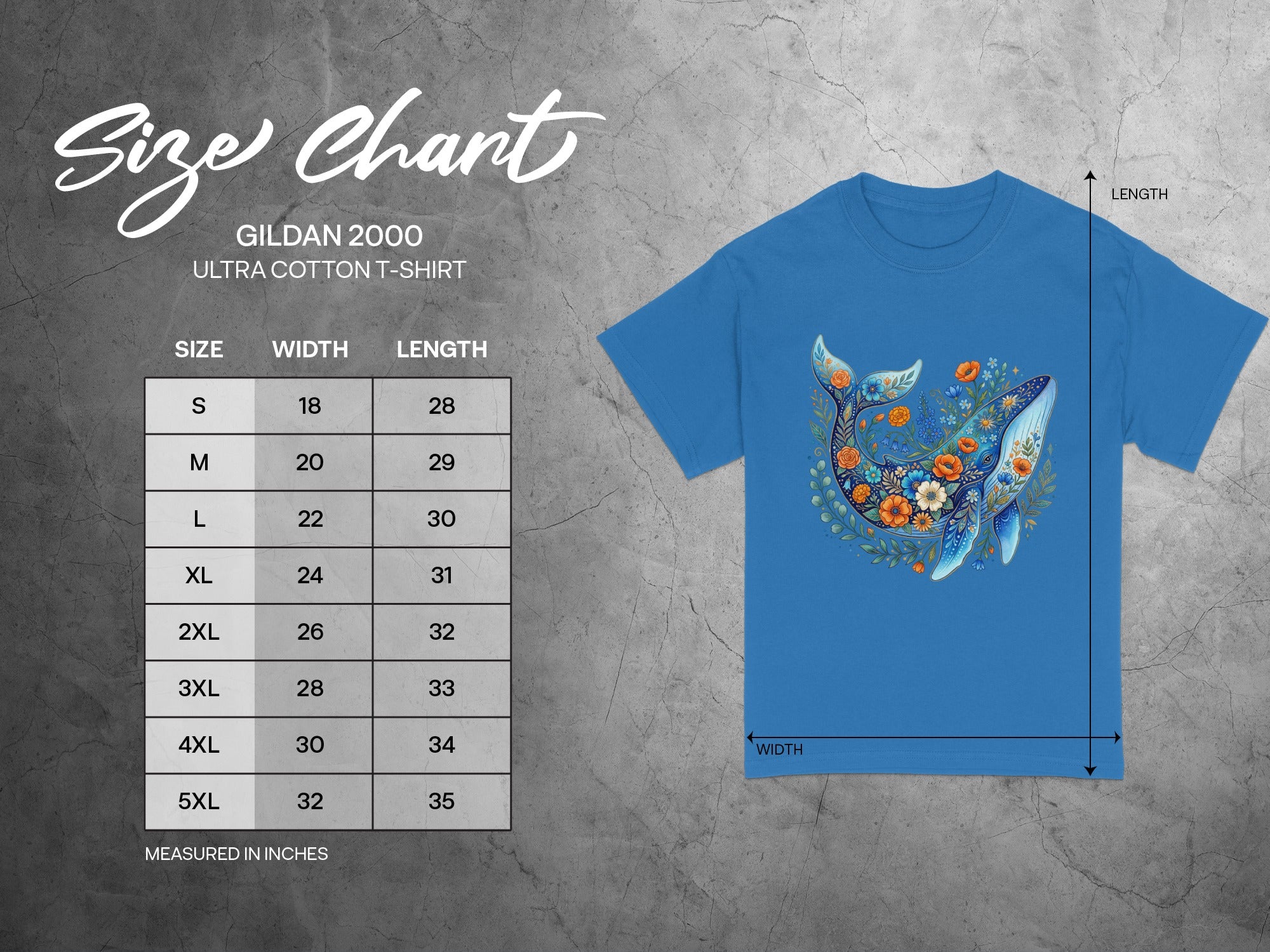 Gildan 2000 Ultra Cotton t-shirt size chart with whale graphic.