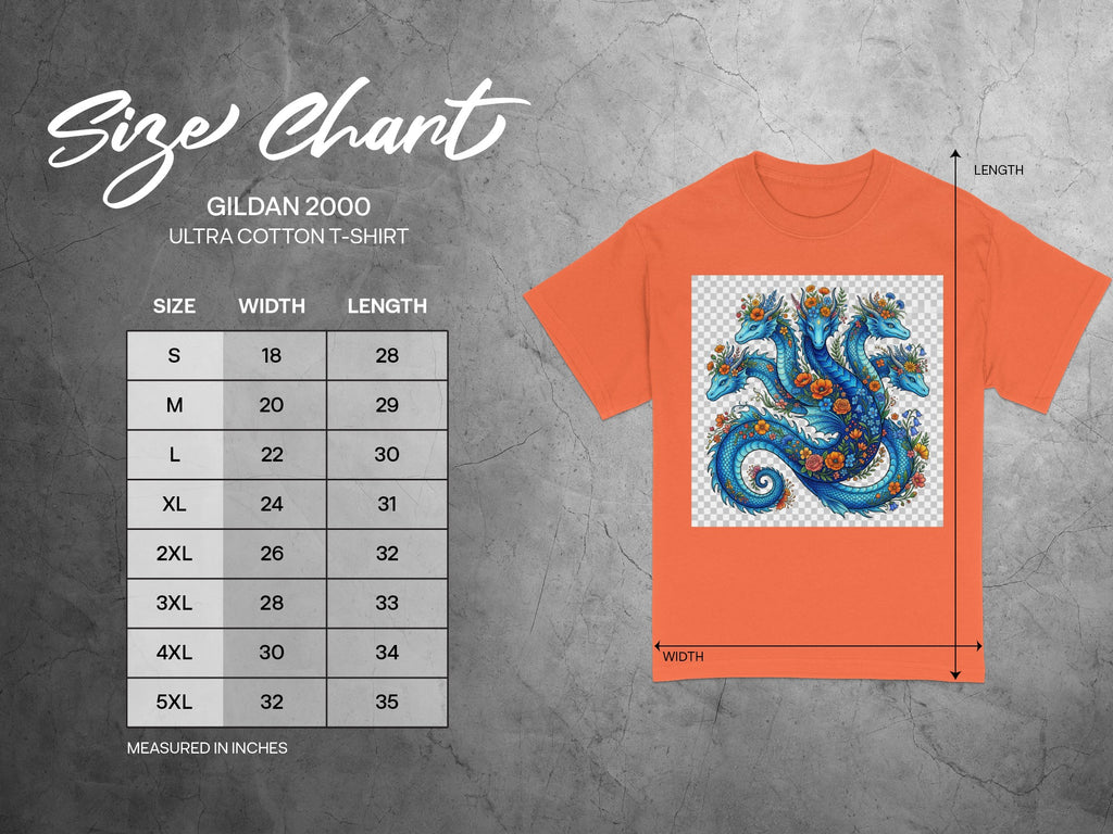 Gildan 2000 ultra cotton t-shirt size chart with dragon graphic and dimensions.