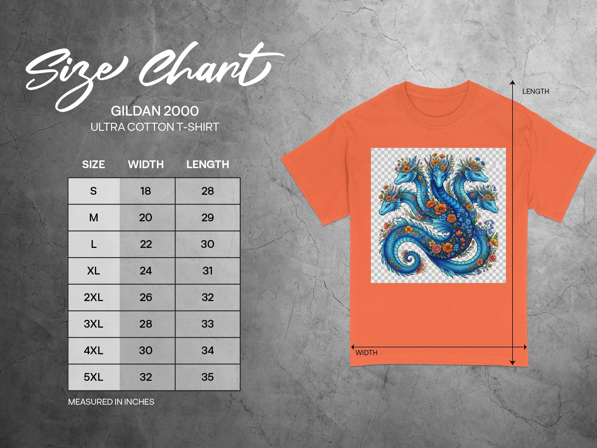 Gildan 2000 ultra cotton t-shirt size chart with dragon graphic and dimensions.