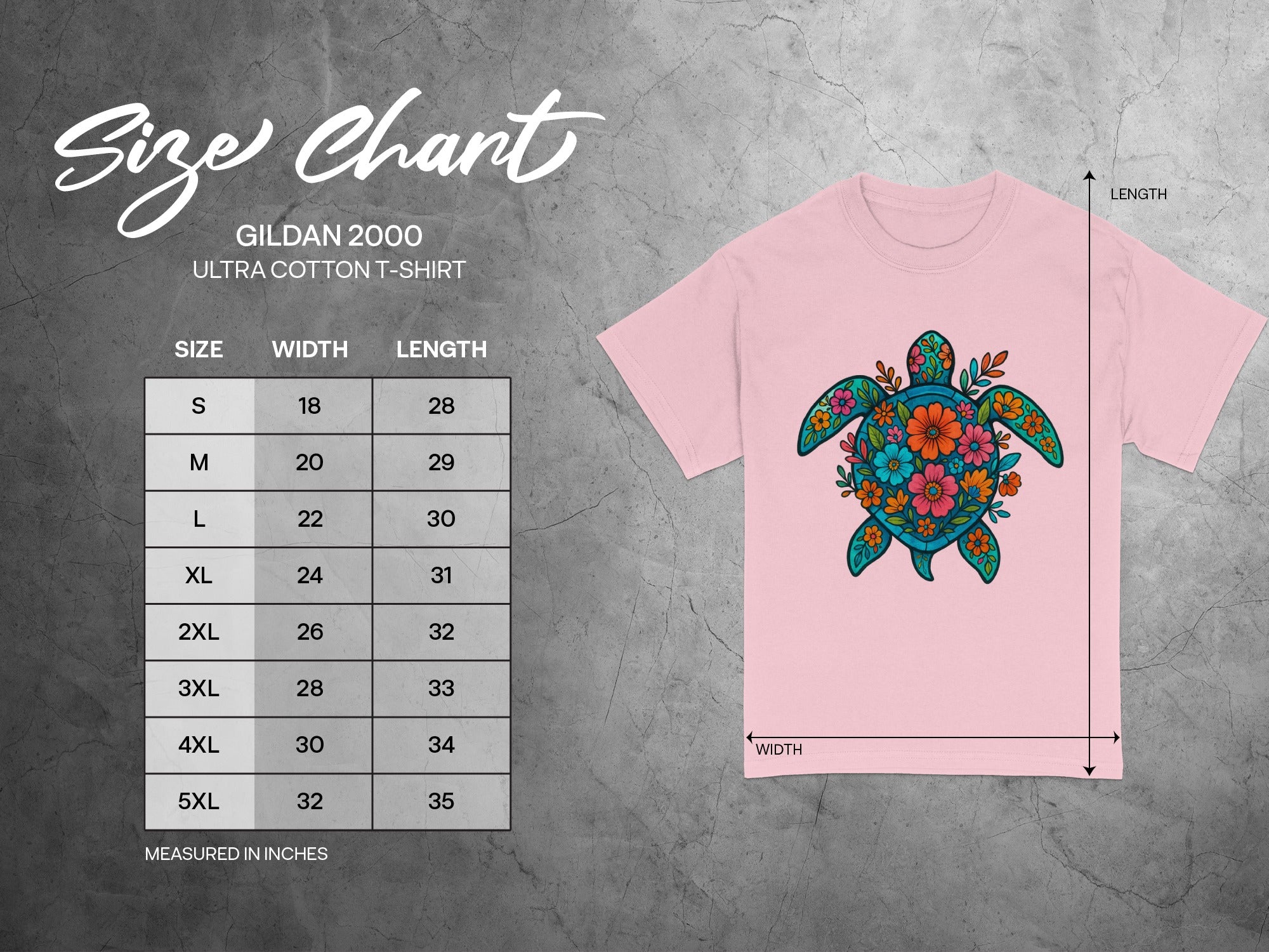 Gildan 2000 Ultra Cotton T-shirt size chart with measurements for width and length.