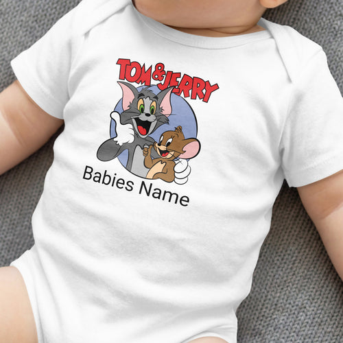 Tom and Jerry graphic on a baby bodysuit, with placeholder text "Babies Name."