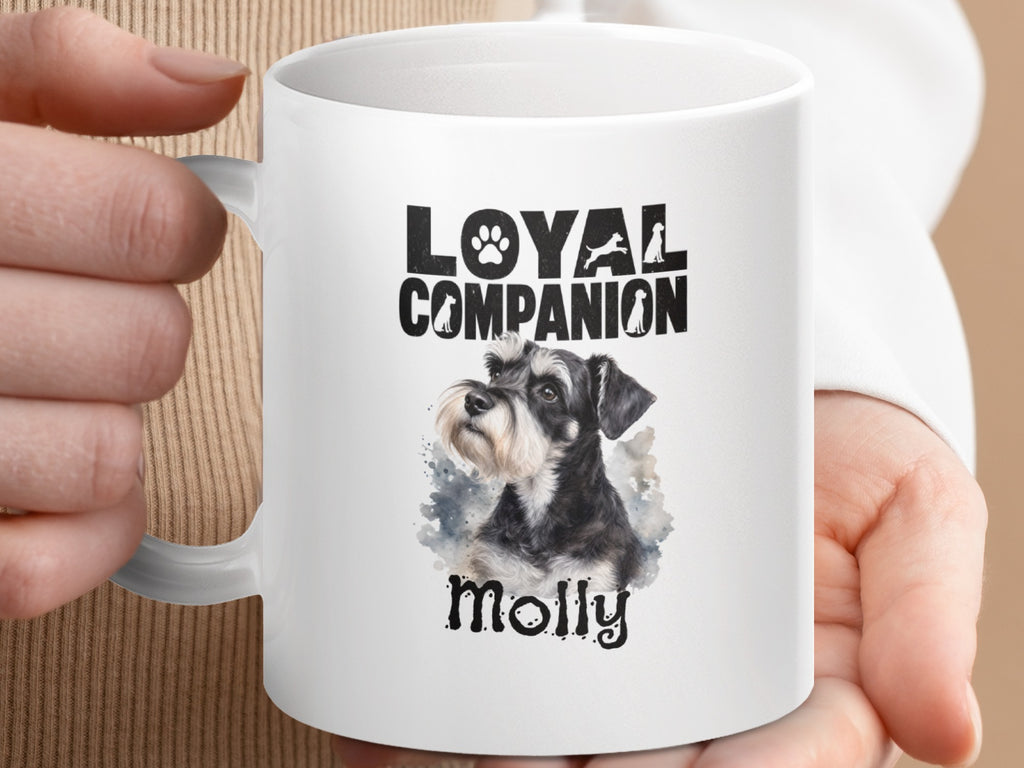 White mug with black text "LOYAL COMPANION" and a watercolor schnauzer named Molly.