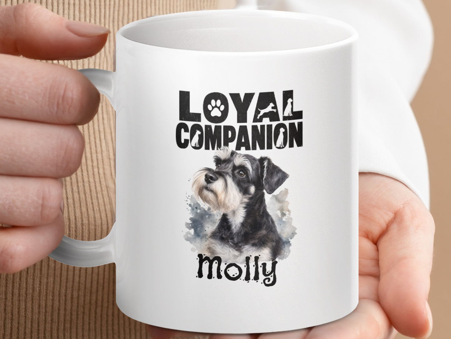 White mug with black text "LOYAL COMPANION" and a watercolor schnauzer named Molly.